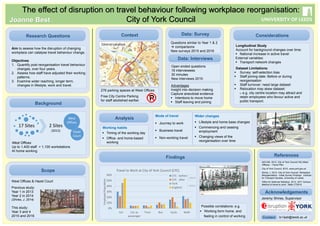 The effect of disruption on travel behaviour following workplace reorganisation:
City of York Council
Research Questions
Aim to assess how the disruption of changing
workplace can catalyse travel behaviour change.
Objectives
1. Quantify post reorganisation travel behaviour
changes, over four years.
2. Assess how staff have adjusted their working
patterns.
3. Examine wider reaching, longer term,
changes in lifestyle, work and travel.
Considerations
Longitudinal Study
Account for background changes over time:
 National increase in active travel
External variables:
 Transport network changes
Dataset Limitations:
 Survey: self-selection bias
 Staff joining date: Before or during
reorganisation
 Staff turnover: need large dataset
 Relocation may skew dataset:
o e.g. city centre location may attract and
retain employees who favour active and
public transport.
Joanne Best
Background
West Offices
Up to 1,400 staff > 1,100 workstations
At home working
Scope
West Offices & Hazel Court
Previous study:
Year 1 in 2013
Year 2 in 2014
(Shires, J. 2014)
This study:
Year 3 and 4
2015 and 2016
City of York Council
17 Sites
Hazel
Court
West
Offices
2 Sites
(2012)
276 parking spaces at West Offices
Free City Centre Parking
for staff abolished earllier
Findings
Possible correlations: e.g.
 Working form home, and
feeling in control of working
0%
10%
20%
30%
40%
50%
60%
Car Car as
passenger
Train Bus Cycle Walk
EmployedPopulation
Travel to Work at City of York Council (CYC)
CYC - before
CYC - after
York
England
J. Best
Context
Analysis
Mode of travel
 Journey to work
 Business travel
 Non-working travel
Working habits
 Timing of the working day
 Office- and home-based
working
Wider changes
 Lifestyle and home base changes
 Commencing and ceasing
employment
 Changing views of the
reorganisation over time
Data: Survey
Questions similar to Year 1 & 2
 comparisons
New surveys 2015 and 2016
Data: Interviews
Open ended questions
16 interviewees
30 minutes
New interviews 2015
Advantages
Insight into decision making
Capture anecdotal evidence
 Intentions to move home
 Staff leaving and joining
References
AECOM. 2012. City of York Council HQ (West
Offices) – Travel Plan.
City of York Council. 2015. www.york.gov.uk
Shires, J. 2014. City of York Council: Workplace
Reorganisation - Initial Survey Findings. Institute
for Transport Studies, University of Leeds.
Office for National Statistics. 2013. 2011 Census:
Method of travel to work. Table CT0015.
Acknowledgements
Contact ts14jab@leeds.ac.uk
J. Best
Contains Ordnance Survey data © Crown copyright and database right 2015
Central Location
(2014)
(2011)
Jeremy Shires, Supervisor
 