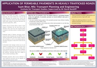 While they have the potential to solve the problems inherent to conventional drainage
systems, the application of permeable pavements on heavily-trafficked roads poses a
number of challenges.
• The lower structural bearing capacity of the permeable pavement means difficulty handling
the high loads of traffic (MAPC, 2010).
• Loose pavement material as well as brake and tyre dust could accumulate in a way that clogs
the pavement pores (Hunt, 2011).
Conventional Asphalt Pavement Permeable Asphalt Pavement
Images adapted from Marshalls, 2015.
One way is to stabilise the permeable pavement layers with cement or other material.
Stabilisation Permeability Bearing Capacity Layer Depth Cost
•Water is the number one enemy of bituminous
pavements. The reason behind this is the fact that
water infiltrating the pavement layer, mixed with
oxygen, could form reactions that make the bitumen
binder brittle, causing it to strip away and destroy the
pavement (Lambert Bros., 2005).
•Another cause for concern when it comes to water
damage is infiltration into the lower layers of the
pavement, where water may cause structural failure
in expansive soils that are prone to swelling (Elarabi,
2010).
•Traditional design of highway pavements revolve
around the idea of keeping water out (DMRB, 2013),
requiring impermeable pavement binding materials,
such as bitumen, as well as cross-sloping roadways
and gullies and gutters to drain all the water from the
pavement.
• Conventional water drainage systems are not only
expensive to maintain, but recent research shows they
pose environmental threats in that running water
across pavement surfaces carry with them pollutants
and biological contaminants that end up in our rivers
and waterways, poisoning marine life, wildlife as
well as us (Davis and Masten, 2003).
•Permeable pavements allow for the infiltration of
water through the pavement into the subgrade soil
without the need to generate runoff.
1. Davis, M. and Masten, S. 2004. Principles of environmental engineering and science. New
York, NY: McGraw-Hill.
2. Department for Transport. 2013. Design Manual for Roads and Bridges.Volume 4:
Geotechnics and Drainage, Section 2: Drainage. London: Department for Transport.
3. Elarabi, H. 2010. Damage mechanism of expansive soils. Khartoum: University of Khartoum.
• Define and identify the problems underlying the use of
permeable pavements on high traffic roads.
• Address the underlying problems in a way that
optimises performance and costs to ensure an effective
and improved design.
BACKGROUND OBJECTIVES
METHODOLOGY
PERMEABLE PAVEMENTS
APPLICATION OF PERMEABLE PAVEMENTS IN HEAVILY-TRAFFICKED ROADS
Isam Bitar, MSc Transport Planning and Engineering
Institute for Transport Studies. Supervised by Mr David Rockliff
Asphalt Layer
Well-graded
Base
Permeable Asphalt Layer
Open-graded
Base
Well-graded
Sub-base
Subgrade
Open-graded
Sub-base
Literature
Review
Identifying
Problems
Underlying
Reasons
PerformanceCost
Other
Factors
Solutions
Based on
Literature
Own
Suggestions
REFERENCES
4. Hunt, W. 2015. Maintaining Permeable Pavements. [Online]. Raleigh, NC: North Carolina
Cooperative Extension. Available from:
http://www.bae.ncsu.edu/stormwater/PublicationFiles/PermPaveMaintenance2011.pdf
5. Lambert Bros. Paving. 2005. Facts about asphalt pavement. Lambertpaving.com [Online].
Available from: http://www.lambertpaving.com/articles.htm#1
6. Marshalls Garden Paving and Driveways, 2015. Drivesett Argent Priora Permeable Block Paving. Marshalls.co.uk. [Online].
Available from: http://www.marshalls.co.uk/homeowners/view-drivesett-argent-priora-permeable-block-paving
7. Metropolitan Area Planning Council (MAPC), 2010. Factsheet # 6: Permeable Paving [Online]. Massachusetts: Metropolitan
Area Planning Council. Available from: http://www.mapc.org/sites/default/files/LID_Fact_Sheet_-_Permeable_Paving.pdf
All links last retrieved 25 April 2015
 