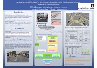 RESEARCH POSTER PRESENTATION DESIGN © 2012
www.PosterPresentations.com
•To	review	traffic	micro‐simulation	studies	of	scramble	
intersections
•Assess	the	performance	of	the	Scramble	junction	option	in	
comparison	with	the	current	signalised	junction	under	various	
traffic	flows	and	pedestrian	demand	conditions.
•Suggest	general	guidelines	criteria	for	Scramble	junctions	micro	
simulations.
The	concept	of	scramble	intersection	was	introduced	in	Vancouver	
and	Kansas	City	in	the	1940s	then	in	Denver	in	the	1950s.		
Japan	has	over	three	hundred	of	scramble	junctions,	this	includes	
the	world’s	heavily	pedestrian	scramble,	at	Hachiko Square,	
Shibuya	,	Tokyo.
In	UK,	Balham	crossing	was	introduced	first	in	2005	then	the	
Oxford	Circus	in	2009.
However,	in	UK,	little	guidance	is	given	by	the	DfT on	determining	
whether	diagonal	crossing	should	be	used	as	opposed	to	more	
traditional	layout	(Greenwood,	2012).
Introduction
The	Objectives
Example:	Oxford	Circus
Methodology
Legion	for	Aimsun model
Case	Study	Area
This	research	is	carried	out	at	the	junction	along	A660	Otley Road	
and		B6157	in	Headingley.	The	study	intersection	is	located	at	the	
core	of	the	Headingley area	which	has	high	percentage	of	student	
accommodation,	bars,	shops	and	the	venue	for	Leeds	Rhinos	RLFC	
and	Leeds	Carnegie.		It	is	along	the	busy	A660	road	which	connects	
Leeds	City	and	northern	areas.		This	junction	carries	high	local	
vehicle	and	pedestrian	traffic.		Figure	1	shows	the	Google	picture	of	
the	proposed	junction.
References
Google	Maps.	2015.	A660/B6157	junction	[Online].	[Accessed	14	April	2015].	Available	from:	
www.google.co.uk/maps/@53.821135,‐
1.577556,3a,75y,340.05h,70.01t/data=!3m4!1e1!3m2!1sbnxcuBjzgwMYwZDIZddxjg!2e0
Greenwood,	C	2012.	Image	of	Oxford	Circus	scheme.	[Online].	[Accessed	14	April	2015].	Available	from:	
http://www.atkinsglobal.com/~/media/Files/A/Atkins‐Global/Attachments/sectors/roads/library‐docs/technical‐
journal‐4/scrambled‐pedestrian‐crossings‐at‐signal‐controlled‐junctions‐a‐case‐study.pdf
Bradshaw,	A.	2015.	Proposed	food	store	modelling	.	[Online].	[Accessed	on	14	April	2015].	Available	from:	http://www.its‐
ukreview.org/a‐model‐approach‐to‐transport‐assessment/
Leeds	City	Council.	2014.	Personal	injury	accidents	in	Leeds:	Sites	for	concern.[Online].[Accessed	on	26	April	2015].	
Available	from:	http://www.leeds.gov.uk/docs/Sites%20for%20concern%202014.pdf
HCM.2000.	Transportation	research	board.	National	Research	Council,	Washington,	DC.
Supervisor: Dr James Tate; 2nd Reader : Hamish Jamson
Clifford Zwomuya:  MSc (Eng) Transport Planning and Engineering
Assessing the performance of a Scramble intersection using microscopic traffic and 
pedestrian simulation tools
Figure	2:	View	of	Oxford	Circus	(Source:	Greenwood)
Figure	1:	Option	junction	(Source:	Google	Maps)
Geometric	Representation
•Global	parameters
•Local	parameters
•DXF	file	from	GIS
•Traffic	parameters
•Traffic	signals
The	Model
Scenario	1:	
Signalised	Option
Scenario	2:	
Scramble	Option
Comparison
•Junction	performance
•Safety	level
Best	Scenario
Table	1:	Level	of	Service	(LoS)	criteria	(Source:	HCM	2000)
Figure	3:	Legion	for	Aimsun model	(source:	Bradshaw)
Model		coding	
Configuration
Estimation	of	Origin‐
Destination	Matrix
Traffic flows
•Pedestrian	counts
•Pedestrian	crossing	locations
•Side	walk	characteristics
Data	Input
Model	Calibration	
and	Quality	control
Pedestrian	and
Traffic	Modelling
GEH Analysis:	
Comparison	with	the	DfT
Base	Model	Formulation
1. Literature	Review
Reviewing		and	determination	of		relevant	literature
2.	Data	Collection	and	Preparation
Relevant	data,	cleaning	and	organising	data
3.	Data	Analysis	
Use	of	LEGION	of	AIMSUN	
4.		Interpretation	of	Results
Evaluating	the	relevancy	of	results
AIMSUN:	Calibrated	and	Validated	for	2014	demand	levels
Veh travel	speed	LoS on	urban	roads
Pedestrian	LoS criteria	for	signalised	
delay
LoS 30	mph LoS Delay	(s)
Likelihood	of	ped
noncompliance
A >25
Motorists	driving	at	
desired	speed
A <10
Low
B 19	‐ 25	 Desired	speed	significant B 10	‐ 20
C 13	‐ 25	
Flows stable	but	
susceptible	to	congestion
C 20	‐ 30
Moderate
D 9	‐ 13	 Unstable	traffic	flows D 30	‐ 40
E 7	‐ 9	
Unstable	and	difficult	to	
predict
E 40	‐ 60	 High
F ≤7 Heavily	congested F ≥60 Very	high
Year Slight Serious Fatal Total
2009 2 0 0 2
2010 1 1 0 2
2011 2 0 0 2
2012 4 2 0 6
2013 2 1 0 3
Total 11 4 0 15
Table	2:	The	study	area’s	accident	analysis	(Source:	Leeds	City	Council)	
Safety:		Depends	on	user	compliance	to	signal	indications;	
Compliance	rests	on	perceived	fairness
The	Level	of	service	(LoS):	Concerned	with	the	quality	of	
service	provided	by	the	road	junction																																																																			
0
20
40
60
80
100
120
140
160
180
2009 2010 2011 2012 2013
Number of accidents
Year
slight Serious Fatal
Figure	4:	Accidents	recorded	in	Leeds
 