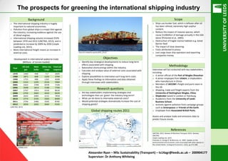 The prospects for greening the international shipping industry
Background
o The international shipping industry is hugely
important to national economies.
o Pollution from global ships is a major blot against
the industry; increasing evidence against the use
of diesel engines.
o International shipping volume increased 252%
between 1970 and 2012 (UNCTAD, 2013), and is
predicted to increase by 300% by 2050 (Lloyds
Loading List, 2015).
o More international freight means an increase in
external costs.
(supplychainbeyond.com)
Global shipping routes 2011
Methodology
Interviews will be conducted with key stakeholders,
including:
o A senior official of the Port of Ningbo-Zhoushan
o A senior employee from Ulstein, a shipbuilders
who manufacture in China.
o Members of AECOM’s freight and ports team in
the UK.
o Shipping, trade and freight experts from the
University of Nottingham Ningbo, China.
o Shipbroker based in London or Hamburg.
o Academics from the University of Leeds
Business School.
o Activists against pollution from campaign groups
such as Greenpeace or Friends of the Earth.
o Employee from Associated British Ports.
Assess and analyse trade and emissions data to
predict future trends.
References
UNCTAD, 2013. Review of Maritime Transport 2013. Geneva:
UNCTAD.
Lloyds Loading List, 2015.
Pimental, D. Zuniga R. & Morrison, D., 2005. Update on the
environmental and economic costs associated with alien species in
the United States. Ecological Economics, 52(3), pp.273-288.
(http://en.wikipedia.org/wiki/MSC_Oscar)
Objectives
o Identify key strategical developments to reduce long-term
effects associated with shipping.
o Rationalise shortcomings within the industry.
o Calculate and analyse value of external costs associated with
shipping.
o Explore possibilities to internalise such long-term costs.
o Apply these findings to information and data obtained
through interviews with stakeholders.
Alexander Ryan – MSc Sustainability (Transport) – ts14agr@leeds.ac.uk – 200904177
Supervisor: Dr Anthony Whiteing
Research questions
o Are key stakeholders implementing strategies and
technologies that can ‘green’ the industry long-term?
o What can be done to internalise external costs?
o Would potential strategies dramatically increase the cost of
shipping goods?
Scope
o Ships use bunker fuel, which is leftover after oil
has been refined; extremely high sulphur
content.
o Reduce the impact of invasive species, which
cause $120billion of damage annually in the USA
alone (Pimental et al., 2005).
o Destruction of fragile marine habitats e.g. Great
Barrier Reef.
o The impact of slow steaming.
o Costs attributed to piracy.
o Lost cargo loses ship operators and exporting
companies money.
(ordiate.com)
Development in international seaborne trade
(Millions of tonnes loaded)
Year
Oil and
gas
Main
bulks
Other dry
cargo
Total (all
cargoes)
1970 1440 448 717 2605
1980 1871 608 1225 3704
1990 1755 988 1265 4008
2000 2163 1295 2526 5984
2005 2422 1709 2978 7109
2006 2698 1814 3188 7700
2007 2747 1953 3334 8034
2008 2742 2065 3422 8229
2009 2642 2085 3131 7858
2010 2772 2335 3302 8409
2011 2794 2486 3505 8785
2012 2836 2665 3664 9165
(UNCTAD, 2013)
 