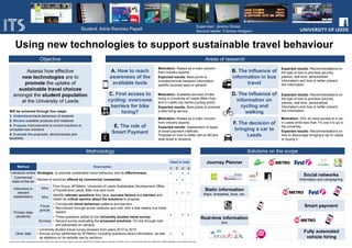 Using new technologies to support sustainable travel behaviour
Objective
Assess how effective
new technologies are to
promote the uptake of
sustainable travel choices
amongst the student population
at the University of Leeds
Used in step
Method Description 1 2 3 4
Literature review Strategies to promote sustainable travel behaviour and its effectiveness. a a a
Commercial
state-of-the-art
Review of solutions offered by commercial companies. a a
Interviews to
relevant
stakeholders
Who
First Group, WYMetro, University of Leeds Sustainable Development Office,
UTravelActive Leeds, Bike Hub and more.
a a a
Why
Identify relevant questions they face, success factors and barriers and
obtain its critical opinion about the solutions to propose.
Primary data
(students)
Focus
groups
• Corroborate travel behaviour patterns and barriers.
• Recruitment through social networks and mail, with a free weekly bus ticket
reward.
a a a
Surveys
• Three questions added to the University student travel survey.
• Second survey evaluating the proposed solutions. On-line through mail
and personally on campus.
Other data
• University student travel survey answers from years 2012 to 2015.
• Annual survey performed by WYMetro, including questions about information, as well
as statistics on its website use by sections.
a a
Solutions on the scope
Areas of research
A. How to reach
awareness of the
available tools
B. The influence of
information in bus
travel
E. The role of
Smart Payment
F. The decision of
bringing a car to
Leeds
C. First access to
cycling: overcome
barriers for bike
hiring?
D. The influence of
information on
cycling and
walking
Methodology
Will be achieved through four steps:
1. Understand travel behaviour of students
2. Review available products and initiatives
3. Propose improvements to current solutions or
complete new solutions
4. Evaluate the proposalsː attractiveness and
feasibility
Motivation: Raised as a main concern
from industry experts.
Expected results: Best points to
include/promote transport information:
specific-purpose apps or general
Expected results: Recommendations on
the type of tool to prioritize (journey
planner, real-time, personalized
information) and how to better present
this information.
Motivation: Raised as a main concern
from industry experts.
Expected results: Assessment of types
of smart-payment methods.
Proposal on how to better sell an MCard-
style ticket to students.
Motivation: 25% do have access to a car
in Leeds while less than 7% use it to go to
the university.
Expected results: Recommendations on
how to discourage bringing a car to Leeds
or buying it.
Motivation: Available services of bike
hiring in University of Leeds (Bike Hub)
and in Leeds city centre (cycling point).
Expected results: Best points to promote
a bike hiring service.
Expected results: Recommendations on
the type of tool to prioritize (journey
planner, real-time, personalized
information) and how to better present
this information.
Studentː Adrià Ramirez Papell
Source of the images: photographs have been made by the author and screen captures have been obtained from WYMetro website, Facebook and Twitter. Icons of current solutions have been obtained from official webpages or social network accounts.
Journey Planner
Static information
Maps, timetables, fares, etc.
Real-time information
Bus
Smart payment
Social networks
Information and campaigning
Fully automated
vehicle hiring
Supervisor: Jeremy Shires
Second reader: Frances Hodgson
 