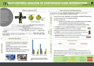  Use ARCADY to determine Capacity and delays at the existing roundabout.
 Use LINSIG to signalise roundabout and to tabulate the delays.
 Replacing the existing roundabout by designing Continuous flow intersection .
 Use VISSIM to carry out the micro simulation of the three options to calculate the
idling emissions based on the data obtained from transport models.
 Hypotheses testing for the for emissions, driver perception and efficiency of CFI in
reference to a normal roundabout and signalised roundabout.
MULTI-CRITERIA ANALYSIS OF CONTINUOUS FLOW INTERSECTION
By Amir Farooq(MSc. Transport Planning and Engineering) ¦ Supervisor: Dr. Haibo Chen ¦ 2nd Reader: Dr. Yvonne Barnard
Also referred as 
displaced right turn 
intersection, CFI is a 
displaced crossover 
junction which takes 
the right turning 
movement away 
from the junction to 
increase efficiency 
at the 
Intersection.
Data Collection And Methodology
• Works on the principle of reducing the conflict points at the central node by
creating a new crossover for right turning movements. The relocated right turning
movement creates a new 2 stage intersection.
• It was introduced in Mexico in early 2000’s as an alternate to grade and at-grade intersections.
• CFI’s have been observed to achieve a reduction of 30%- 70% in travel time and intersection delay.
• Problems have been faced with respect to driver expectancy and comfort, and a negative public
perception.
• Other problems with Continuous flow intersections is with respect its complex signal operations,
longer pedestrian crossings, corner business impacts, and a potential for more user delays in light
traffic conditions.
More about CFI
Need for Study?
0
5
10
15
20
25
30
35
40
45
50
Delays(AM Peak
in 0's Sec.)
Speeds( AM
Peak in Kmph)
Delays(PM Peak
in 0's Sec.)
Speeds( PM
Peak in Kmph)
Roundabout High Capacity Signals Continuous Flow Intersection
Performance Statistics for Paulsgrove Roundabout 
Roundabout redesign options (Source: JCT Report on 
CFI)
How?
Data CollectionData AnalysisMulti‐criteria Analysis
Research Questions
As a case study for this analysis, A660/A6120 Weetwood roundabout is used to compare
performance of CFI to a normal roundabout, signalised roundabout.
 Primary sources of data – Parameters for the existing roundabout, Questionnaires
for driver perception of for CFI’s, Simulator Studies?
 Secondary sources of data-
 Classified turn based traffic count from 2002 AIMSUN model of the Headingley
corridor ,developed by Halcrow(for Leeds Super tram project).
 Extract results for emissions data from well established transport models.
A multi criteria analysis of continuous flow intersection for the Weetwood junction to be
carried out based on the Indicators obtained from the Data analysis of emissions data , driver
behaviour and efficiency variables. It would involve weighing and scoring of each indicator to
make choices and analysis.
 Can reduction in conflict points by CFI help improve
efficiency at intersections? If yes, is it significantly
improved?
Does CFI produce reduction in the environmental
impacts of traffic at intersection?
Will it cause driver confusion due to its un-conventional
design? How significant is the driver confusion?
Intersection time distribution*
7%
12%
37%
44%
5%
9%
17%
69%
Through Green
Amber
Red
Right Green
Four arm signalised Intersection 2 Arm CFI
Criteria for Performance
Driver BehaviourEnvironmentalEfficiency
Suitable Solution
Literature Review                                                                                    Micro simulation
Roundabout assessment Signalised roundabout 
Questionnaires                                                                                        Multi‐Criteria Analysis
Week 21‐ Week 24
Week 23 ‐ Week28
Week 12‐ Week 20
Week 34 ‐ Week 39
Week29 ‐Week33
Week 40‐ Week 43
Congestion Driver acceptanceDriver adaptationCO2,NOXFuel ConsumptionEffect on 
Pedestrians
Capacity
 