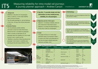 1. Background:
• Reliability is a key factor for rail passengers.
• There is a need for an intra-modal reliability
metric for the rail industry.
• This will enable passengers to see the likelihood
of their train arriving at their desired destination
on time.
2. Literature Review:
• The only publically available reliability
information comes from Public Performance
Measure but this is not helpful for passengers.
• There is currently no information for rail
passengers about the reliability of an intra-modal
journey or even a specific journey.
• Reliability is a key factor influencing demand and
passengers have to factor in reliability when
planning journeys (de Jong and Bliemer, 2015).
5. Scope:
• This project will focus on 5 main origin-
destination paths as summarised in table 1.
• An airport was chosen as the destination as
they have the largest reliability elasticities
(Wardman and Batley, 2014).
4. Objectives and aim of this report:
• Objective 1: To develop a reliability metric for
intra-modal trips to Manchester Airport.
• Objective 2: To present the data findings in a
format which is best for rail passengers.
Origin Option Location of first
change
Time for
connection (mins)
Location of second
change
Time for
connection (mins)
Regularity Average journey time
(mins)
Brighouse 1 Huddersfield 10 Manchester Piccadilly 15 Hourly 90-95
2 Huddersfield 25 Hourly 95
3 Manchester Victoria 6 Salford Crescent 8 Hourly 115
4 Mirfield 11 Huddersfield 5 Infrequent 110
Ilkley 1 Leeds 13 Twice an hour 120-150
Mossley
(Manchester)
1 Stalybridge 5 Manchester Piccadilly 13 Hourly 56
Knottingley 1 Leeds 28 Hourly 146
2 Wakefield Kirkgate 5 Meadowhall 7 Hourly 150-160
Cottingley 1 Huddersfield 5 Hourly 105
2 Dewsbury 5 Manchester Piccadilly 6 Evening Peak 95
Measuring reliability for intra-modal rail journeys:
A journey planner approach – Andrew Carson
Data
collection
• Data collected on arrival and departure times from
train services in table 1.
Data
analysis
• Once the data has been collected the number of
intra-modal journeys that arrive at their destination
on time will be calculated.
Data
presentation
• The data will be presented in a similar style to
Table 1. with an additional column of the reliability
of the service.
Data
evaluation
• Once the data has been presented for the first
time it will be shown to members of the public in a
focus group(s).
• As a result of this focus group the presentation
will be developed for a final output which is best
for passengers.
Train at Manchester Airport (Mike Peel, 2009, sourced Wikipedia, 2015)
6. Methodology:
Table 1: Typology of journeys to be studied
Key References:
de Jong, G. and Bliemer, M. (2015) ‘On including travel time reliability of road traffic in appraisal’, Transportation Research Part A: Policy and Practice, 73, pp.80-95
Marsden, G., Shires, J.D. and Wardman, M. (2014) Integrated information for integrated transport – Final report for transport systems catapult’, Institute for Transport Studies, Leeds
Peel, M. (2009) A British Rail Class 323 train at Manchester Airport railway station, sourced; Wikipedia (2015) Manchester Airport Railway Station, [online], available at
http://commons.wikimedia.org/wiki/File:Manchester_Airport_Railway_Station_1.jpg, licensed under CC-BY-SA 4.0
Wardman, M. and Batley, R. (2014) ‘Travel time reliability: a review of late time valuations, elasticities and demand impacts in passenger rail market in Great Britain’, Transportation, 41, pp. 1041-1069
3. Key Aim: To provide simple and clear
information on intra-modal journey
reliability, for rail passengers.
ts14apc@leeds.ac.uk
 