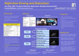 Night-time Driving and Distraction
Xue Ding. MSC Transport Planning. Supervisor: Georgios Kountouriotis
E-mail Address: ml13x2d@leeds.ac.uk.
 Night – time driving expose to higher risk to
accident than day time. Number of miles driven
decreases substantially at night compared with
daytime, yet more than half of all traffic deaths
occur after dark.
 Is driving distraction contribute to this increase
in accident?
 This research uses driving simulator to collect the
driving performance data and then compare the
influence of different factors to driving
performance.
Prediction
 Comparing with day-time driving, eye-
movements (PRC) of night-time might rise due to
the dark view.
 Steering wheel reversal rate in bend road is easily
affected by distraction than straight road
 Visual distraction produced by in-vehicle
information system has more significant
influence on SDLP than visual distractionn on
road centre.
References
 Plainis, S., Murray, I. J., & Pallikaris, I. G. (2006).
Road traffic casualties: understanding the night-
time death toll. Injury Prevention, 12(2), 125-138.
 Pettitt, M., Burnett, G. E., & Stevens, A. (2005).
Defining driver distraction. In12th World
Congress on Intelligent Transport Systems.
 Stutts, J., Feaganes, J., Reinfurt, D., Rodgman, E.,
Hamlett, C., Gish, K., & Staplin, L. (2005).
Driver's exposure to distractions in their natural
driving environment. Accident Analysis &
Prevention, 37(6), 1093-1101.
 Merat, N., & Jamson, A. H. (2008). The effect of
stimulus modality on signal detection:
Implications for assessing the safety of in-vehicle
technology.Human Factors: The Journal of the
Human Factors and Ergonomics Society,50(1),
145-158.
Time
Road
Task
Day-time
Night-time
Straight road
Bend road
Visual (Center)
Visual (IVIS)
Count back
Baseline (No Task)
Distraction source % of drivers
Outside person, object. events 29.4
Adjusting radio, cassette, CD 11.4
Other occupant in vehicle 10.9
Moving object ahead 4.3
Other device/object brought into vehicle 2.9
Adjusting vehicle/climate control 2.8
Eating or drinking 1.7
Using/dialing mobile phone 1.5
Smoking related 0.9
Other distraction 25.6
Unknown distraction 8.6
Percentage of driver who cited each distraction
source as contributing to crashed
Total number of
participant
20
Age 20-30
Gender 10 male & 10 female
Driving experience Over 2 years
Preparation before
experiment
Provided with written
instructions about the
experiment
Driving time in
experiment
30 minutes
Methods
University of Leeds driving simulator will be employed to mimic
driving with different factors
Fig. 1. The University of Leeds Driving Simulator
Fig.2. night-time view
in driving simulator
(urban & rural)
• Steering wheel reversal rate
• Standard deviation lateral position (SDLP)
• Percentage of road centre (PRC)
• Data analysis tool: SPSS
• Data analysis method: Repeated Measures
ANOVA
Introduction
 Distraction is “attention given to a non-driving-
related activity. Typically to the detriment of
driving performance”
 Driver distraction plays an important role in
crash
 