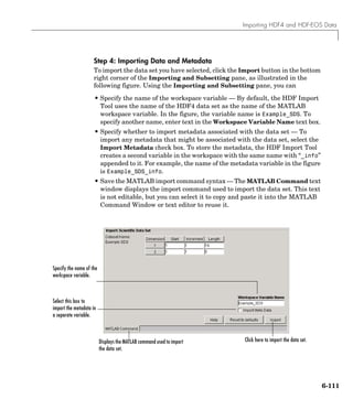 Importing HDF4 and HDF-EOS Data
6-111
Step 4: Importing Data and Metadata
To import the data set you have selected, click the Import button in the bottom
right corner of the Importing and Subsetting pane, as illustrated in the
following figure. Using the Importing and Subsetting pane, you can
• Specify the name of the workspace variable — By default, the HDF Import
Tool uses the name of the HDF4 data set as the name of the MATLAB
workspace variable. In the figure, the variable name is Example_SDS. To
specify another name, enter text in the Workspace Variable Name text box.
• Specify whether to import metadata associated with the data set — To
import any metadata that might be associated with the data set, select the
Import Metadata check box. To store the metadata, the HDF Import Tool
creates a second variable in the workspace with the same name with “_info”
appended to it. For example, the name of the metadata variable in the figure
is Example_SDS_info.
• Save the MATLAB import command syntax — The MATLAB Command text
window displays the import command used to import the data set. This text
is not editable, but you can select it to copy and paste it into the MATLAB
Command Window or text editor to reuse it.
Select this box to
import the metadata in
a separate variable.
Click here to import the data set.
Specify the name of the
workspace variable.
Displays the MATLAB command used to import
the data set.
 