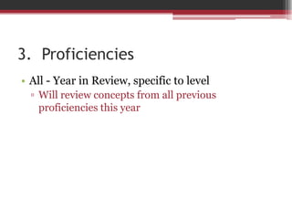 3. Proficiencies
• All - Year in Review, specific to level
▫ Will review concepts from all previous
proficiencies this year
 