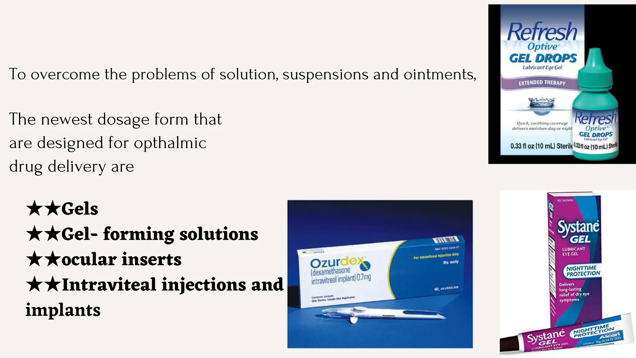 To overcome the problems of solution, suspensions and ointments,
The newest dosage form that
are designed for opthalmic
drug delivery are
★★Gels
★★Gel- forming solutions
★★ocular inserts
★★Intraviteal injections and
implants
 