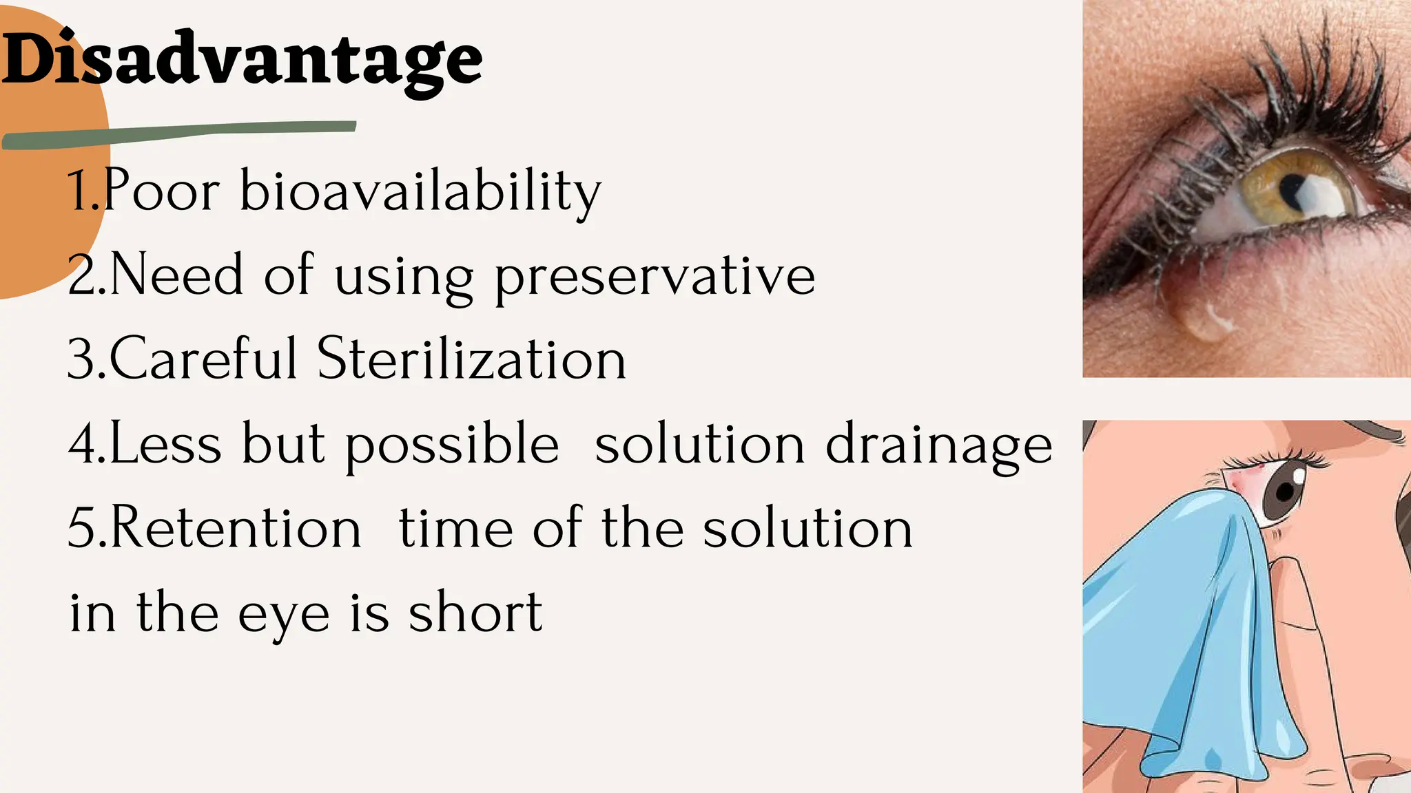 Disadvantage
1.Poor bioavailability
2.Need of using preservative
3.Careful Sterilization
4.Less but possible solution drainage
5.Retention time of the solution
in the eye is short
 
