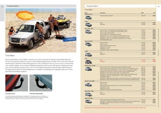 52     Transportation                                                                                              Transportation                                                                                                                                         53

                                                                                                                Tow Bars
                                                                                                                Model                          Description                                                                                        FINIS       Price
                                                                                                                Fiesta from 2001
                                                                                                                                               Fixed, for 3-/5-door, except ST                                                                    1 386 128   PRICE




                                                                                                                Fusion
                                                                                                                                               Fixed                                                                                              1 234 062   PRICE
                                                                                                                                               Detachable                                                                                         1 483 606   PRICE



                                                                                                                Focus 1998 – 2004




                                                                                                                                                                                                                                                                      ** Please ask your Ford dealer for further details
                                                                                                                                               Fixed, for 4-door, not in combination with parking distance control                                1 138 413   PRICE
                                                                                                                                               Fixed, for 5-door, not in combination with parking distance control                                1 138 412   PRICE
                                                                                                                                               Fixed, for wagon with self-levelling                                                               1 215 988   PRICE
                                                                                                                                               Fixed, for wagon, not for vehicles with self-levelling                                             1 215 987   PRICE
                                                                                                                                               Detachable, for 4-door, not in combination with parking distance control                           1 147 379   PRICE
                                                                                                                                               Detachable, for 5-door, not in combination with parking distance control                           1 138 719   PRICE
                                                                                                                                               Detachable, for wagon, for vehicles without self-levelling, not in combination                     1 215 985   PRICE
                                                                                                                                               with parking distance control
                                                                                                                Focus from 2004
                                                                                                                                               Fixed, for 3-/5-door                                                                               1 518 675   PRICE
                                                                                                                                               Fixed, for 4-door                                                                                  1 354 496   PRICE
                                                                                                                                               Fixed, for wagon without self-levelling                                                            1 519 813   PRICE
                                                                                                                                               Detachable, for 3-/5-door                                                                          1 515 974   PRICE
                                                                                                                                               Detachable, for 4-door                                                                             1 519 812   PRICE
                                                                                                                                               Detachable, for wagon, without self-levelling                                                      1 519 815   PRICE




                                                                                                                                                                                                                                                                      * selected Ford supplier
                                                                                                                C-MAX
                                                                                                                                               Fixed                                                                                              1 518 675   PRICE
                                                                                                                                               Detachable                                                                                         1 485 174   PRICE
     Tow Bars
                                                                                                                Kuga
     If you’re planning to tow a trailer or caravan, you want to be sure it’s going to stay safely attached.                                   Fixed                                                                                              1 512 068   PRICE
     So Ford tow bars are tested not only to meet all legal requirements, but also Ford’s own strict internal                                  Detachable                                                                                         1 512 062   PRICE

     requirements. Extensive crash testing gives you the confidence that your tow bar won’t compromise
     your vehicle’s safety, and corrosion-resistance testing for 480 hours in salt spray is reassurance that    Mondeo 2000 – 03/2007
                                                                                                                                               Fixed, for 5-door (excl. ST, Ghia or Titanium series from 05/2005 onwards)                         1 201 411   PRICE
     your tow bar will last as long as your Ford. The corresponding electrical kits are also tested beyond
                                                                                                                                               Fixed, for wagon with self-levelling (excl. ST, Ghia or Titanium series from 05/2005 onwards)      8 000 065   PRICE
     the legal requirements, and are designed for complete compatibility and integration with your Ford’s                                      Fixed, for wagon without self-levelling (excl. ST, Ghia or Titanium from 05/2005 onwards)          8 000 063   PRICE
     electrical and Multiplex systems.                                                                                                         Detachable, for 4-/5-door (excl. ST, Ghia or Titanium series from 05/2005 onwards)                 1 201 409   PRICE




                                                                                                                                                                                                                                                                      All prices include VAT and exclude fitting charges. Prices correct at time of print and subject to modification and correction.
                                                                                                                                               Detachable, for 5-door Ghia or Titanium series, from 05/2005 onwards                               1 382 242   PRICE
                                                                                                                                               Detachable, for wagon with self-levelling (Ghia or Titanium series), from 05/2005 onwards          1 382 247   PRICE
                                                                                                                                               Detachable, for wagon with self-levelling (excl. ST, Ghia or Titanium series                       1 257 297   PRICE
                                                                                                                                               from 05/2005 onwards)
                                                                                                                                               Detachable, for wagon without self-levelling, for Ghia and Titanium series, from 05/2005 onwards   1 382 244   PRICE
                                                                                                                                               Detachable, for wagon without self-levelling (excl. ST, Ghia or Titanium from 05/2005 onwards)     1 257 296   PRICE
                                                                                                                Mondeo from 03/2007
                                                                                                                                               Fixed, for 4-door                                                                                  1 445 512   PRICE
                                                                                                                                               Fixed, for 5-door                                                                                  1 445 509   PRICE
                                                                                                                                               Fixed, for wagon without self-levelling, not in combination with body styling kit                  1 445 511   PRICE
                                                                                                                                               Detachable, for 4-door                                                                             1 445 513   PRICE
                                                                                                                                               Detachable, for 5-door                                                                             1 445 510   PRICE
                                                                                                                                               Detachable, for wagon with and without self-levelling                                              1 445 514   PRICE
                                                                                                                Galaxy 2000 – 2005
                                                                                                                                               Fixed                                                                                              1 125 946   PRICE
     Tow Bar Fixed                               Tow Bar Detachable                                                                            Detachable                                                                                         1 464 029   PRICE

     For extra transport and stowage capability. The towing capacity is vehicle and
     engine specific. Please refer to your vehicle documentation. Use the detachable
     tow bar if you don't want to make any compromise to your car styling                                       Galaxy from 2006
                                                                                                                                               Fixed, for vehicles without self-levelling, from 2006 onwards                                      1 372 101   PRICE
                                                                                                                                               Retractable, for vehicles with self-levelling, can be tucked under the bumper, from 2006 onwards   1 523 035   PRICE
                                                                                                                                               Retractable, for vehicles without self-levelling, can be tucked under the bumper,                  1 523 034   PRICE
                                                                                                                                               from 2006 onwards



                                                                                                                Depending on vehicle specification further parts might be neccessary to fit the Ford Focus and Ford Galaxy 2000 − 2005 tow bars.
 