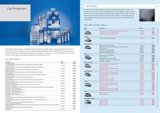 62                                                                                                                                                                 Car Protection                                                                                                         63
         Car Protection                                                                                                                                       Ford floor mats use materials and colours that are designed to match the
                                                                                                                                                              interior of the vehicle. They are fixed directly into the vehicle's interior floor so
                                                                                                                                                              that the mat cannot slip and interfere with the pedals. All Ford floor mats are
                                                                                                                                                              flammability tested to conform with ISO 3795 and they resist soiling, fading,
                                                                                                                                                              heat ageing as well as fogging, which can cause a film on the inside of the
                                                                                                                                                              windscreen.



                                                                                                                                                              Floor Mats Premium Velours
                                                                                                                                                              Model                    Description                                                                FINIS       Price




                                                                                                                                                                                                                                                                                      **Please ask your Ford dealer for further details
                                                                                                                                                              Ka
                                                                                                                                                                                       Satin black, front, set of 2, with Sportka logo, from 01/2003 onwards      1 336 965   PRICE
                                                                                                                                                                                       Satin black, set of 4, from 09/1999 to 01/2003                             1 105 092   PRICE
                                                                                                                                                                                       Satin black, set of 4, from 01/2003 onwards                                1 229 788   PRICE


                                                                                                                                                              Streetka
                                                                                                                                                                                       Black, front, set of 2, with Streetka logo                                 1 305 423   PRICE




                                                                                                                                                              Fiesta from 2001
                                                                                                                                                                                       Black, front, set of 2, up to 11/2004                                      1 314 327   PRICE
                                                                                                                                                                                       Black, front, set of 2, for vehicles with footrest, from 11/2004 onwards   1 357 802   PRICE
                                                                                                                                                                                       Black, rear, set of 2                                                      1 203 871   PRICE
     Everyday life can bring you unexpected and unwanted surprises. Like scratches, bumps and knocks to                                                                                Satin black, with blue piping, set of 4                                    1 366 184   PRICE
     your Ford. So why not give your Ford a little extra bit of protection? Sill protection foil for example, can                                                                      Satin black, with grey piping, set of 4                                    1 366 182   PRICE
                                                                                                                                                                                       Satin black, with red piping, set of 4                                     1 366 186   PRICE
     be fitted within seconds and provides excellent protection for years to come. How about our floor mats,
                                                                                                                                                              Fusion
     which not only match your vehicle’s interior but are flame proof too?                                                                                                             Grey, front, set of 2, up to 10/2004                                       1 217 126   PRICE
                                                                                                                                                                                       Grey, rear, set of 2                                                       1 149 359   PRICE
                                                                                                                                                                                       Satin black, front, set of 2, up to 10/2004                                1 314 315   PRICE
     Car Care Products                                                                                                                                                                 Satin black, front, set of 2, from 10/2004 onwards                         1 366 077   PRICE




                                                                                                                                                                                                                                                                                      *selected Ford supplier
                                                                                                                                                                                       Satin black, rear, set of 2                                                1 203 871   PRICE
     Description                                                                                                                          FINIS       Price
                                                                                                                                                              Focus 1998 – 2004
     Interior Cleaner 400 ml                                                                                                              1 040 776   PRICE
     For multiple applications: from the windscreen to the upholstery textiles, rubber or plastics                                                                                     Anthracite, set of 4, from 08/1998 to 09/2001                              1 138 464   PRICE
     Leather Care 250 ml                                                                                                                  1 375 407   PRICE                            Black, front, set of 2                                                     1 219 879   PRICE
     A high quality emulsion suitable for care and waterproofing of all types and colours of leather                                                                                   Black, rear, set of 2                                                      1 219 928   PRICE
     Cockpit-Spray 400 ml                                                                                                                 1 253 502   PRICE                            Ebony, front, set of 2, from 10/2001 onwards                               1 147 457   PRICE
     Restores colour and natural shine plus an anti-static layer provides protection                                                                                                   Ebony, rear, set of 2                                                      1 147 464   PRICE
     Wax Shampoo 500 ml                                                                                                                   1 375 368   PRICE   Focus from 2004
     Contains integral wax components which leave an invisible, thin protective film on the body




                                                                                                                                                                                                                                                                                      All prices include VAT and exclude fitting charges. Prices correct at time of print and subject to modification and correction.
                                                                                                                                                                                       Florida, front, set of 2, from 12/2007 onwards                             1 503 913   PRICE
     Wax Polish 250 ml                                                                                                                    1 375 375   PRICE
     Generates a water-repellent layer which lasts up to six times longer than conventional car polishes                                                                               Florida, rear, set of 2, from 12/2007 onwards                              1 503 910   PRICE
     Wheel Cleaner 500 ml                                                                                                                 1 069 255   PRICE                            Black, front, set of 2                                                     1 418 442   PRICE
     Quickly penetrates dirt for easier removal, suitable for aluminium rims                                                                                                           Black, rear, set of 2                                                      1 324 712   PRICE
     Glass Polish 150 ml                                                                                                                  1 374 231   PRICE                            Beige, front, set of 2, up to 12/2007                                      1 358 034   PRICE
     Removes difficult marks such as tree resin and eliminates squeaking and juddering of wipers                                                                                       Beige, rear, set of 2, up to 12/2007                                       1 324 713   PRICE
     Insect Remover 500 ml                                                                                                                1 069 261   PRICE   C-MAX
     Contains a penetrating wetting agent which softens and loosens the dirt, for easier removal
                                                                                                                                                                                       Biscuit, front, set of 2, from 03/2007 onwards                             1 477 479   PRICE
     Windscreen De-Icer 500 ml                                                                                                            1 069 288   PRICE
     Bio-alcohol based with excellent frost protection, it also counteracts renewed icing                                                                                              Biscuit, rear, set of 2, from 03/2007 onwards                              1 476 666   PRICE
     Screen Wash - 4 Seasons 5 l                                                                                                          1 375 342   PRICE                            Black, front, set of 2                                                     1 477 478   PRICE
     Provides winter protection against freezing down to -20 °C and in summer, aids removal of insect and pollen residue                                                               Black, rear, set of 2                                                      1 233 724   PRICE
     Screen Wash - Winter Premium 250 ml                                                                                                  1 388 435   PRICE                            Medium light flint, front, set of 2, up to 02/2007                         1 418 447   PRICE
     Especially for winter conditions down to -55 °C                                                                                                                                   Medium light flint, rear, set of 2, up to 02/2007                          1 233 725   PRICE
     Screen Wash - Winter Premium 500 ml                                                                                                  1 388 439   PRICE   Kuga
     Especially for winter conditions down to -55 °C
                                                                                                                                                                                       Black, front, set of 2                                                     1 531 422   PRICE
     Screen Wash - Winter Premium 1 l                                                                                                     1 388 442   PRICE
     Especially for winter conditions down to -55 °C                                                                                                                                   Black, rear, set of 2                                                      1 531 423   PRICE
     Car Care Kit                                                                                                                         1 449 223   PRICE
     Incl. Glass Polish 150 ml, Wax Polish 250 ml, Wax Shampoo 500 ml and Wheel Cleaner 500 ml
     Car Care Winter Kit                                                                                                                  1 420 530   PRICE   Mondeo 2000 – 03/2007
     Incl. Windscreen De-Icer 500 ml, Screen Wash - Winter Premium 1 l, ice-scraper and de-mister cloth                                                                                Beige, front, set of 2                                                     1 317 818   PRICE
     Glass Care Kit                                                                                                                       1 420 708   PRICE                            Beige, rear, set of 2                                                      1 317 820   PRICE
     Incl. Screen Wash - Summer 40 ml, Glass Polish 150 ml and sponge
                                                                                                                                                                                       Black, front, set of 2                                                     1 317 814   PRICE
     Lubricant Spray Premium W-MP 200 ml                                                                                                  1 321 554   PRICE
     A high quality lubricant based on synthetic components for cars, bikes, scooters, household and other general purpose applications                                                Black, rear, set of 2                                                      1 204 540   PRICE
     A/C Cleaner 125 ml                                                                                                                   1 428 554   PRICE
     Anti-bacterial spray that cleans and purifies vehicle air-conditioning
     Chamois Leather                                                                                                                      0 800 532   PRICE
     52 x 35 cm
 