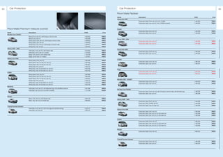 64      Car Protection                                                                                                        Car Protection                                                                                                                        65

                                                                                                                           Floor Mats Rubber
                                                                                                                           Model                     Description                                                                            FINIS       Price
                                                                                                                           Fiesta from 2001
                                                                                                                                                     Contoured, black, front, set of 2, up to 11/2004                                       1 446 604   PRICE
                                                                                                                                                     Contoured, black, rear, set of 2, from 10/2002 onwards                                 1 446 602   PRICE



     Floor Mats Premium Velours (contd)                                                                                    Fusion
                                                                                                                                                     Contoured, black, front, set of 2                                                      1 446 599   PRICE
     Model                     Description                                                             FINIS       Price                             Contoured, black, rear, set of 2                                                       1 446 602   PRICE
     Mondeo from 03/2007
                               Biscuit, front, set of 2, with fixings on driver's side                 1 458 302   PRICE
                               Biscuit, rear, set of 2                                                 1 458 308   PRICE   Focus 1998 – 2004
                               Ebony black, front, set of 2, with fixings on driver's side             1 458 300   PRICE




                                                                                                                                                                                                                                                                ** Please ask your Ford dealer for further details
                                                                                                                                                     Contoured, black, front, set of 2                                                      1 446 088   PRICE
                               Ebony black, rear, set of 2                                             1 458 303   PRICE
                                                                                                                                                     Contoured, black, rear, set of 2                                                       1 447 886   PRICE
                               Infinity blue, front, set of 2, with fixings on driver's side           1 458 301   PRICE
                               Infinity blue, rear, set of 2                                           1 458 304   PRICE
     Galaxy 2000 – 2005
                                                                                                                           Focus from 2004
                               Anthracite, front, set of 2, with Galaxy logo                           1 019 302   PRICE
                                                                                                                                                     Contoured, black, front, set of 2                                                      1 446 093   PRICE
                               Anthracite, set for rear, for 7-seater                                  1 133 283   PRICE
                                                                                                                                                     Contoured, black, rear, set of 2                                                       1 446 092   PRICE
                               Beige, front, set of 2, with Galaxy logo                                1 133 278   PRICE
                               Beige, set for rear, for 7-seater                                       1 133 281   PRICE
     Galaxy from 2006
                                                                                                                           C-MAX
                               Ebony black, front, set of 2                                            1 383 089   PRICE
                                                                                                                                                     Contoured, black, front, set of 2                                                      1 492 422   PRICE
                               Ebony black, rear, for 2nd row, set of 2                                1 383 095   PRICE
                                                                                                                                                     Contoured, black, rear, set of 2                                                       1 446 091   PRICE
                               Ebony black, rear, for 3rd row, set of 2                                1 383 097   PRICE
                               Infinity blue, front, set of 2                                          1 432 512   PRICE
                               Infinity blue, rear, for 2nd seat row, set of 2                         1 432 702   PRICE
                                                                                                                           Kuga




                                                                                                                                                                                                                                                                * selected Ford supplier
                               Infinity blue, rear, for 3rd seat row, set of 2                         1 432 705   PRICE
                                                                                                                                                     Contoured, black, front, set of 2                                                      1 502 030   PRICE
     S-MAX
                                                                                                                                                     Contoured, black, rear, set of 2                                                       1 502 031   PRICE
                               Ebony black, front, set of 2                                            1 383 089   PRICE
                               Ebony black, rear, for 2nd row, set of 2                                1 383 095   PRICE
                               Ebony black, rear, for 3rd row, set of 2                                1 383 097   PRICE
                                                                                                                           Mondeo 2000 – 03/2007
                               Infinity blue, front, set of 2                                          1 432 512   PRICE
                                                                                                                                                     Contoured, black, front, set of 2                                                      1 446 629   PRICE
                               Infinity blue, rear, for 2nd seat row, set of 2                         1 432 702   PRICE
                                                                                                                                                     Contoured, black, rear, set of 2                                                       1 446 630   PRICE
                               Infinity blue, rear, for 3rd seat row, set of 2                         1 432 705   PRICE
     Maverick
                               Anthracite, front, set of 2, with Maverick logo, from 02/2004 onwards   1 347 636   PRICE
                                                                                                                           Mondeo from 03/2007
                               Anthracite, rear, set of 2, from 2001 onwards                           1 114 796   PRICE
                                                                                                                                                     Contoured, black, front, set of 2, with 2 fixings on driver's side, with Mondeo logo   1 458 295   PRICE
                                                                                                                                                     Contoured, black, rear, set of 2                                                       1 458 296   PRICE

     Ranger
                               Black, front, set of 2, with Ranger logo                                1 094 418   PRICE
                                                                                                                           Galaxy 2000 – 2005




                                                                                                                                                                                                                                                                All prices include VAT and exclude fitting charges. Prices correct at time of print and subject to modification and correction.
                               Black, rear, set of 2, for double cab                                   1 096 923   PRICE
                                                                                                                                                     Contoured, black, front, set of 2                                                      1 446 636   PRICE
                                                                                                                                                     Contoured, black, middle, set of 2                                                     1 446 638   PRICE
                                                                                                                                                     Contoured, black, rear, for seat row                                                   1 446 639   PRICE
     Transit/Tourneo Connect
                               Anthracite, front, set of 2, with Ford logo and retention fixings       1 225 187   PRICE
                                                                                                                           Galaxy from 2006
                               Anthracite, rear, set of 2                                              1 225 191   PRICE
                                                                                                                                                     Contoured, black, front, set of 2                                                      1 383 094   PRICE
                                                                                                                                                     Contoured, black, rear, set of 2, for 2nd seat row                                     1 423 848   PRICE
                                                                                                                                                     Contoured, black, rear, set of 2, for 3rd seat row                                     1 423 849   PRICE


                                                                                                                           S-MAX
                                                                                                                                                     Contoured, black, front, set of 2                                                      1 383 094   PRICE
                                                                                                                                                     Contoured, black, rear, set of 2, for 2nd seat row                                     1 423 848   PRICE
                                                                                                                                                     Contoured, black, rear, set of 2, for 3rd seat row                                     1 423 849   PRICE


                                                                                                                           Ranger
                                                                                                                                                     Contoured, black, front, set of 2                                                      1 096 924   PRICE




                                                                                                                           Transit/Tourneo Connect
                                                                                                                                                     Contoured, black, front, set of 2                                                      1 446 488   PRICE
                                                                                                                                                     Contoured, black, rear, set of 2                                                       1 446 497   PRICE
 