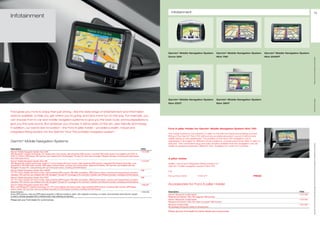 74                                                                                                                                                                                  Infotainment                                                                                                                                75
     Infotainment




                                                                                                                                                                                 Garmin* Mobile Navigation System                          Garmin* Mobile Navigation System        Garmin* Mobile Navigation System
                                                                                                                                                                                 Zumo 550                                                  Nüvi 760                                Nüvi 255WT




                                                                                                                                                                                                                                                                                                                       ** Please ask your Ford dealer for further details
                                                                                                                                                                                 Garmin* Mobile Navigation System                          Garmin* Mobile Navigation System




                                                                                                                                                                                                                                                                                                                       * selected Ford supplier
                                                                                                                                                                                 Nüvi 255T                                                 Nüvi 360T


     Ford gives you more to enjoy than just driving – like the wide range of entertainment and information
     options available, to help you get where you’re going, and have more fun on the way. For example, you
     can choose from in-car and mobile navigation systems to give you the best route, and loudspeakers to
     give you the best sound. But whatever you choose, it will be state-of-the-art, user-friendly technology.
     In addition, our brand new innovation – the Ford A-pillar holder – provides a stylish, robust and                                                                           Ford A-pillar Holder for Garmin* Mobile Navigation System Nüvi 760
     integrated fitting solution for the Garmin* Nüvi 760 portable navigation system.
                                                                                                                                                                                 The holder is fixed to the vehicle's A-pillar on the left hand side and enables a smart
                                                                                                                                                                                 fitting of the Garmin* Nüvi 760 without any provisional suction cup and without any
                                                                                                                                                                                 visible wiring on the dashboard. The position of the Nüvi 760 navigation unit is
     Garmin* Mobile Navigation Systems                                                                                                                                           adjustable in all angles for different driver positions, unobstructed driver field of vision is
                                                                                                                                                                                 assured. This convenient plug-and-play solution enables that the navigation unit can




                                                                                                                                                                                                                                                                                                                       All prices include VAT and exclude fitting charges. Prices correct at time of print and subject to modification and correction.
                                                                                                                                                                                 easily be swapped between different cars. Available for most Ford vehicles
     Description                                                                                                                                                     FINIS
     Garmin* Mobile Navigation System Zumo 550                                                                                                                       1 513 329
     With Bluetooth® wireless technology, 3.5 display with touch screen, high-sensitivity GPS receiver, including TMC traffic receiver (compatible with GTM 10,
     GTM 12, GTM 2), MP3 player, SD card slot, pre-installed with City Navigator® Europe NT (plus new coverage of Eastern Europe), including anti-theft feature
     and motorcycle mount                                                                                                                                                        A-pillar Holder
     Garmin* Mobile Navigation System Nüvi 760                                                                                                                       1 513 337
     With Bluetooth® wireless technology, bright 4.3 colour display with touch screen, high-sensitivity GPS receiver, integrated FM wireless transmitter, inclu-                Stylish, robust and integrated fitting solution for
     ding GTM 21 FM TMC traffic receiver, MP3 player, picture viewer, currency and unit converter, speed limit indicator, SD card slot, pre-installed with City                  Garmin* mobile navigation system Nüvi 760
     Navigator® Europe NT, route planning with up to 50 saved routes, including anti-theft feature
     Garmin* Mobile Navigation System Nüvi 255WT                                                                                                                     TBE         e.g.
     4.3 TFT colour display with touch screen, high-sensitivity GPS receiver, FM traffic compatible, JPEG picture viewer, currency and measurement converter,
     calculator, SD card slot, pre-installed with City Navigator® Europe NT (coverage of 33 countries in Eastern and Western Europe), including anti-theft feature
                                                                                                                                                                                 Focus from 2004                    1 518 477                                           PRICE
     Garmin* Mobile Navigation System Nüvi 255T                                                                                                                      TBE
     3.5 TFT colour display with touch screen, high-sensitivity GPS receiver, FM traffic compatible, JPEG picture viewer, currency and measurement converter,
     calculator, SD card slot, pre-installed with City Navigator® Europe NT (coverage of 33 countries in Eastern and Western Europe), including anti-theft feature
     Garmin* Mobile Navigation System Nüvi 360T                                                                                                                      1 468 697   Accessories for Ford A-pillar Holder
     Silver, with Bluetooth® wireless technology, 3.5 TFT colour display with touch screen, high-sensitivity GPS receiver, including TMC receiver, MP3 player,
     picture viewer, SD card slot, with pre-installed map data for 33 European countries, including anti-theft feature
     Active Antenna                                                                                                                                                  1 419 416   Description                                                                                                               FINIS
     Active GPS antenna, improves GPS signal reception in difficult conditions, black, with magnetic mounting, 3 m cable, recommended when Garmin* system                        Garmin* Bracket for A-pillar holder                                                                                       1 513 338
     is used in vehicles equipped with a heated and/or heat reflecting windscreen                                                                                                Required to fit Garmin* Nüvi 760, supports TMC function
     Please ask your Ford dealer for current prices.                                                                                                                             Garmin* Bracket for A-pillar holder                                                                                       1 513 342
                                                                                                                                                                                 Required to fit Garmin* Nüvi 760, does not support TMC function
                                                                                                                                                                                 Wiring for A-pillar holder                                                                                                1 521 332
                                                                                                                                                                                 All necessary wiring from holder to vehicles loom

                                                                                                                                                                                 Please ask your Ford dealer for further details and current prices.
 