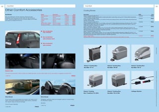 82       Comfort                                                                                                                                    Comfort                                                                                                                                                       83

     Other Comfort Accessories                                                                                                                   Cooling Boxes

     Sunblinds                                                         Model                       Description            FINIS          Price   Description                                                                                                                              FINIS       Price
                                                                       Fiesta from 2001            Set of 3, for 5-door   1 479 502     PRICE    Waeco* Cooling Box BordBar TF-14                                                                                                         1 335 525   PRICE
     Set of sunblinds for all rear windows. Reduces solar                                                                                        14 l gross capacity, closing outside pockets for anything that doesn't need cooling, cools up to 25 °C below ambient temperature
                                                                       Fusion                      Set of 5               1 479 506     PRICE
     irradiation and improves comfort with the rear windows                                                                                      Waeco* Cooling Box BordBar TB-08                                                                                                         1 335 527   PRICE
     down. Gives the distinctive look of privacy glass, but is easy    Focus from 2004             Set of 5, for wagon    1 479 504     PRICE
                                                                                                                                                 8 l gross capacity, ready for connection to 12 volts DC, lid with secure pressure closure, with two drink holders and practical shoul-
     and quick to install and remove.                                  C-MAX                       Set of 5               1 479 505     PRICE    der strap, cools and heats
                                                                       Kuga                        Set of 5               1 547 211     PRICE    Waeco* Cooling Box BordBar TB-15                                                                                                         1 335 526   PRICE
                                                                       Mondeo 2000 – 03/2007       Set of 5, for wagon    1 479 507     PRICE    15 l gross capacity, accommodates 1.5 l or 2 l bottles, cools up to 20 °C below ambient temperature and heats up to 65 °C, Active
                                                                                                                                                 Battery Security (ABS), easy to open and close with just one hand, extendable fastening rail provides extra support in case of a
                                                                       Mondeo from 03/2007         Set of 5, for wagon    1 500 119     PRICE
                                                                                                                                                 sudden stop, ready for connection to 12 volts DC
                                                                                                                                                 Waeco* Cooling Box TropiCool TC-35FL                                                                                                     1 434 385   PRICE
                                                                                                                                                 Easy to carry, 35 l gross capacity, cooling: 1°C to 15 °C (up to 30 °C below ambient temperature), heating: 50 °C to 65 °C, TC
                                                                                                                                                 special electronics, soft-touch operating panel with LED indicators and memory function, space-saving detachable lid, with practical
                                                                                                                                                 fold-away handle, ready for connection to 12/24/230 volts DC/AC
                                                                       1	 Sun protection
                                                                          	                                                                      Waeco* Cooling Box BordBar TE-21-ISO                                                                                                     1 479 499   PRICE
                                                                            rear window                                                          Safe and sturdy, 21 l gross capacity, cooling: 1°C to 15 °C (up to 30°C below ambient temperature), heating: 50 °C to 65 °C, TC
                                                                                                                                                 special electronics, soft-touch operating panel with LED indicators and memory function, space-saving detachable lid, easy to carry
                                            2                                                                                                    with practical fold-away handle, ready for connection to 12/24/230 volts DC/AC
          1
                                                                                                                                                 Waeco* Voltage Monitor                                                                                                                   1 549 801   PRICE
                                                              3        2	 Sun protection
                                                                          	                                                                      Switches off any connected cooling box or any other electricity consumer before the vehicle battery runs empty

                                                                            side window back



                                                                       3	 Sun protection
                                                                          	

                                                                            side window




                                                                                                                                                                                                                                                                                                              * selected Ford supplier
                                                                                                                                                 Waeco* Cooling Box                                          Waeco* Cooling Box                                          Waeco* Cooling Box
                                                                                                                                                 BordBar TF-14                                               BordBar TB-08                                               BordBar TB-15
     Floor space usage                                                 Luggage compartment usage

     Interior LED




                                                                                                                                                                                                                                                                                                              All prices include VAT and exclude fitting charges. Prices correct at time of print and subject to modification and correction.
     Compact housing with 5 LED's, bright and stylish blue light, can be used to light up e.g. foot space or luggage compartment

     1 488 607                                                                                                                         PRICE




                                                                                                                                                 Waeco* Cooling                                              Waeco* Cooling Box                                          Voltage Monitor
                                                                                                                                                 Box TropiCool TC-35FL                                       BordBar TE-21-ISO


     Wind Break                                                        Wind Break

     For an even more comfortable and quieter ride whilst roof is      Plexiglass, perfectly styled and shaped, without compromising
     open, convenient foldaway function, black frame, polyester,       the Streetka's styling
     incl. bag for easy and secure storage
                                                                       Streetka
     Focus Coupé-Cabriolet
                                                                       1 340 712                                                      PRICE
     1 435 062                                                 PRICE
 