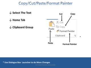 ↓ Select The Text
↓ Home Tab
↓ Clipboard Group
* Use Dialogue Box Launcher to do More Changes
Format Painter
*
Paste
Cut Copy
K.D.Ashan Ravindra Dissanayake
 