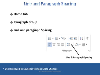 * Use Dialogue Box Launcher to make More Changes
↓ Home Tab
↓ Paragraph Group
↓ Line and paragraph Spacing
Line & Paragraph Spacing
K.D.Ashan Ravindra Dissanayake
 
