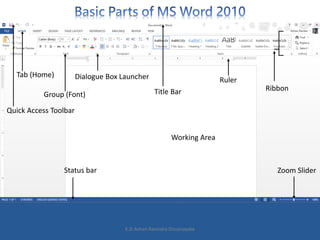 Tab (Home)
Group (Font)
Dialogue Box Launcher Ruler
Title Bar
Quick Access Toolbar
Status bar Zoom Slider
Ribbon
Working Area
K.D.Ashan Ravindra Dissanayake
 