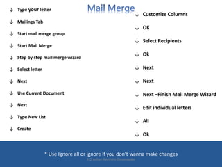 ↓ Type your letter
↓ Mailings Tab
↓ Start mail merge group
↓ Start Mail Merge
↓ Step by step mail merge wizard
↓ Select letter
↓ Next
↓ Use Current Document
↓ Next
↓ Type New List
↓ Create
* Use Ignore all or ignore if you don’t wanna make changes
↓ Customize Columns
↓ OK
↓ Select Recipients
↓ Ok
↓ Next
↓ Next
↓ Next –Finish Mail Merge Wizard
↓ Edit individual letters
↓ All
↓ Ok
K.D.Ashan Ravindra Dissanayake
 