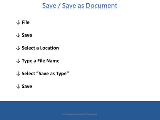 ↓ File
↓ Save
↓ Select a Location
↓ Type a File Name
↓ Select “Save as Type”
↓ Save
K.D.Ashan Ravindra Dissanayake
 