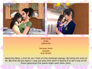 Xatu Scott
Aries
5/8/5/5/0
Xerneas Scott
Scorpio
8/4/10/4/0
Absolutely Mean, a first for me I think (in this challenge anyway). But being the twins of
Mr. Big what did you expect? I may just plop them down in Duality B to see if any of the
future generation five spares might want them…hmm.
 