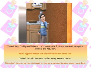 Yveltal: Hey, I’m big now!! Maybe I can convince the Z trips to side with me against
Xerneas and Xatu now.
Yeah, Zygarde maybe but not sure about the other two.
Yveltal: I should live up to my Dex entry. Xerneas said so.
They don’t have to be the…oh forget it. Just do whatever Banette needs to use Rest.
 