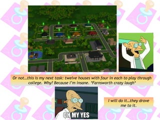 Or not…this is my next task: twelve houses with four in each to play through
college. Why? Because I’m insane. *Farnsworth crazy laugh*
I will do it…they drove
me to it.
 