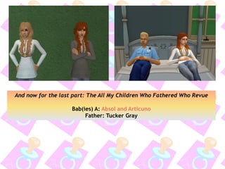 And now for the last part: The All My Children Who Fathered Who Revue
Bab(ies) A: Absol and Articuno
Father: Tucker Gray
 