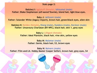 Stats page 2:
Bab(ies) I: Igglybuff (female), Ishizumai (male)
Father: Blake Stephenson (elf-eared Townie), blond hair, light blue eyes.
Baby J: Jellicent (male)
Father: Solander White (legacy import), brown hair, green/black eyes, alien skin
Bab(ies) K: Keldeo (female), Klang (male), Kadabra (male), Kecleon (male)
Father: Unsavoury Charlatan (BV NPC), black hair, skin 1, grey eyes
Baby L: Lilligant (female)
Father: Ideal Plantsim, black hair, vine skin, yellow eyes
Baby M: Malamar (male)
Father: Genie, black hair, S3, brown eyes
Baby N: Noivern (male)
Father: Film and Lit. Hobby Master Cooper Seifert, brown hair, grey eyes, S4
 