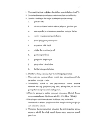 21
i. Menghadiri taklimat praktikum dan latihan yang dijalankan oleh IPG.
ii. Memahami dan mengamalkan peranan sebagai guru pembimbing.
iii. Memberi bimbingan dan tunjuk ajar kepada pelajar tentang :
a.

jadual waktu

b.

sukatan pelajaran, huraian sukatan pelajaran, panduan guru

c.

rancangan kerja semester dan persediaan mengajar harian.

d.

sumber pengajaran dan pembelajaran

e.

proses pengajaran pembelajaran

f.

pengurusan bilik darjah

g.

refleksi dan penulisan jurnal

h.

portfolio praktikum

i.

pengajaran berpasangan

j.

pengelolaan kokurikulum

k.

hal-hal lain yang berkaitan

iv. Memberi peluang kepada pelajar memerhati pengajarannya.
v. Menyemak dan memberi ulasan bertulis dan menandatangani buku
persediaan mengajar pelajar.
vi. Membimbing pelajar ke arah perkembangan sahsiah pendidik
terutama dari segi pergaulan yang sihat, peningkatan jati diri dan
pemupukan nilai profesionalisme keguruan.
vii. Menyelia pengajaran pelajar menerusi pencerapan klinikal dengan
menggunakan Borang Bimbingan (cth. PR1, PR1/PRA. PR/B&K).
viiiMenyimpan rekod dan dokumen bimbingan yang kemas kini.
Memaklumkan kepada pengurus sekolah mengenai kemajuan pelajar
dari semasa ke semasa.
ix Memantau dan memaklumkan kehadiran dan disiplin pelajar kepada
pengurus sekolah dan pihak maktab dengan segera sepanjang tempoh
praktikum.

 