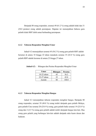 55

Daripada 80 orang responden, seramai 49 (61.2 %) orang adalah lelaki dan 31
(38.8 peratus) orang adalah perempuan. Dapatan ini menunjukkan bahawa guru
pelatih lelaki RBT lebih ramai berbanding perempuan.

4.1.2

Taburan Responden Mengikut Umur
Jadual 4.2 menunjukkan seramai 45 (56.2 %) orang guru pelatih RBT adalah

berumur di antara 18 hingga 22 tahun manakala seramai 35 (43.8 %) orang guru
pelatih RBT adalah berumur di antara 23 hingga 27 tahun.

Jadual 4.2 :

Bilangan dan Peratus Responden Mengikut Umur
Umur
18-22 tahun
23-27 tahun
Jumlah

4.1.3

Bilangan
45
35
80

Peratus
56.2
43.8
100.0

Taburan Responden Mengikut Bangsa
Jadual 4.3 menunjukkan taburan responden mengikut bangsa. Daripada 80

orang responden, seramai 39 (48.8 %) orang terdiri daripada guru pelatih Melayu,
guru pelatih Cina seramai 20 (25.0 %) orang, guru pelatih India seramai 19 (23.8 %)
orang dan 2 (2.5 %) orang guru pelatih adalah terdiri daripada bangsa lain-lain. Dua
orang guru pelatih yang berbangsa lain-lain adalah daripada suku kaum dusun dan
kadazan.

 