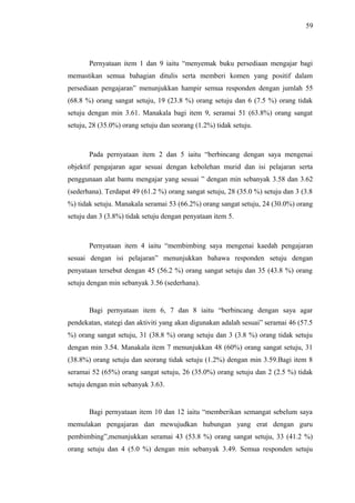 59

Pernyataan item 1 dan 9 iaitu “menyemak buku persediaan mengajar bagi
memastikan semua bahagian ditulis serta memberi komen yang positif dalam
persediaan pengajaran” menunjukkan hampir semua responden dengan jumlah 55
(68.8 %) orang sangat setuju, 19 (23.8 %) orang setuju dan 6 (7.5 %) orang tidak
setuju dengan min 3.61. Manakala bagi item 9, seramai 51 (63.8%) orang sangat
setuju, 28 (35.0%) orang setuju dan seorang (1.2%) tidak setuju.

Pada pernyataan item 2 dan 5 iaitu “berbincang dengan saya mengenai
objektif pengajaran agar sesuai dengan kebolehan murid dan isi pelajaran serta
penggunaan alat bantu mengajar yang sesuai ” dengan min sebanyak 3.58 dan 3.62
(sederhana). Terdapat 49 (61.2 %) orang sangat setuju, 28 (35.0 %) setuju dan 3 (3.8
%) tidak setuju. Manakala seramai 53 (66.2%) orang sangat setuju, 24 (30.0%) orang
setuju dan 3 (3.8%) tidak setuju dengan penyataan item 5.

Pernyataan item 4 iaitu “membimbing saya mengenai kaedah pengajaran
sesuai dengan isi pelajaran” menunjukkan bahawa responden setuju dengan
penyataan tersebut dengan 45 (56.2 %) orang sangat setuju dan 35 (43.8 %) orang
setuju dengan min sebanyak 3.56 (sederhana).

Bagi pernyataan item 6, 7 dan 8 iaitu “berbincang dengan saya agar
pendekatan, stategi dan aktiviti yang akan digunakan adalah sesuai” seramai 46 (57.5
%) orang sangat setuju, 31 (38.8 %) orang setuju dan 3 (3.8 %) orang tidak setuju
dengan min 3.54. Manakala item 7 menunjukkan 48 (60%) orang sangat setuju, 31
(38.8%) orang setuju dan seorang tidak setuju (1.2%) dengan min 3.59.Bagi item 8
seramai 52 (65%) orang sangat setuju, 26 (35.0%) orang setuju dan 2 (2.5 %) tidak
setuju dengan min sebanyak 3.63.

Bagi pernyataan item 10 dan 12 iaitu “memberikan semangat sebelum saya
memulakan pengajaran dan mewujudkan hubungan yang erat dengan guru
pembimbing”,menunjukkan seramai 43 (53.8 %) orang sangat setuju, 33 (41.2 %)
orang setuju dan 4 (5.0 %) dengan min sebanyak 3.49. Semua responden setuju

 