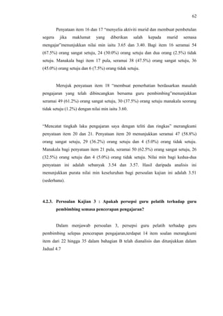 62
Penyataan item 16 dan 17 “menyelia aktiviti murid dan membuat pembetulan
segera

jika

maklumat

yang

diberikan

salah

kepada

murid

semasa

mengajar”menunjukkan nilai min iaitu 3.65 dan 3.40. Bagi item 16 seramai 54
(67.5%) orang sangat setuju, 24 (30.0%) orang setuju dan dua orang (2.5%) tidak
setuju. Manakala bagi item 17 pula, seramai 38 (47.5%) orang sangat setuju, 36
(45.0%) orang setuju dan 6 (7.5%) orang tidak setuju.

Merujuk penyataan item 18 “membuat pemerhatian berdasarkan masalah
pengajaran yang telah dibincangkan bersama guru pembimbing”menunjukkan
seramai 49 (61.2%) orang sangat setuju, 30 (37.5%) orang setuju manakala seorang
tidak setuju (1.2%) dengan nilai min iaitu 3.60.

“Mencatat tingkah laku pengajaran saya dengan teliti dan ringkas” merangkumi
penyataan item 20 dan 21. Penyataan item 20 menunjukkan seramai 47 (58.8%)
orang sangat setuju, 29 (36.2%) orang setuju dan 4 (5.0%) orang tidak setuju.
Manakala bagi penyataan item 21 pula, seramai 50 (62.5%) orang sangat setuju, 26
(32.5%) orang setuju dan 4 (5.0%) orang tidak setuju. Nilai min bagi kedua-dua
penyataan ini adalah sebanyak 3.54 dan 3.57. Hasil daripada analisis ini
menunjukkan purata nilai min keseluruhan bagi persoalan kajian ini adalah 3.51
(sederhana).

4.2.3. Persoalan Kajian 3 : Apakah persepsi guru pelatih terhadap guru
pembimbing semasa pencerapan pengajaran?

Dalam menjawab persoalan 3, persepsi guru pelatih terhadap guru
pembimbing selepas pencerapan pengajaran,terdapat 14 item soalan merangkumi
item dari 22 hingga 35 dalam bahagian B telah dianalisis dan ditunjukkan dalam
Jadual 4.7

 