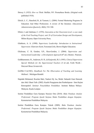 83
Dewey J. (1933). How we Think. Buffalo, NY: Prometheus Books. (Original work
published 1910).
Ehrich, L. C., Hansford, B., & Tennent, L. (2004). Formal Mentoring Programs In
Education And Other Professions: A review of the literature. Educational
Administration Quarterly, 40(4), 518–540.
Elliott, J. and Adelman, C. (1976). Innovation at the Classroom Level: a case study
of the Ford Teaching Project, unit 28 of Curriculum Design and Development,
Milton Keynes, Open University Press.
Glatthorn, A. A. (1990). Supervisory Leadership: Introduction to Instructional
Supervision. Glenview:Scott, Foresman/Litle, Brown Higher Education.
Glickman, C. D, Gordon, S.P., Ross-Gordon, J. (2004). Supervision and
Instructional Leadership : a Development Approach (6th ed.). Boston : Pearson.
Goldhammmer, R., Anderson, R. H., & Krajewski, R.J. (1993). Clinical Supervision:
Special Methods for the Supervisionof Teachers (3 rd ed). Forth Worth :
Harcourt Brace Jovanovich.
Griffith F.A(1983). Handbook For The Observation of Teaching and Learning
Midland. : Michigan Rendall.
Hapidah Mohamed, Roselan Baki, Nadzeri Hj. Isa, Mohd. Sahandri Gani Hamzah
dan Abd. Ghani Taib. (2002). Kualiti Pengajaran dan Pembelajaran : Satu Kajian
Retrospektif. Seminar Penyelidikan Pendidikan. Institute Bahasa Melayu
Malaysia. Kuala Lumpur.
Institut Pendidikan Guru Kampus Hussien Onn (2010). Buku Panduan Amalan
Profesional, Program Ijazah Sarjana Muda Pendidikan dengan Kepujian.
Kementerian Pendidikan Malaysia.
Institut Pendidikan Guru Kampus Teknik (2009). Buku Panduan Amalan
Profesional, Program Ijazah Sarjana Muda Pendidikan dengan Kepujian.
Kementerian Pendidikan Malaysia.

 