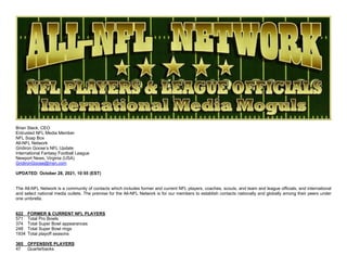Brian Slack, CEO
Entrusted NFL Media Member
NFL Soap Box
All-NFL Network
Gridiron Goose’s NFL Update
International Fantasy Football League
Newport News, Virginia (USA)
GridironGoose@msn.com
UPDATED: October 28, 2021, 10:55 (EST)
The All-NFL Network is a community of contacts which includes former and current NFL players, coaches, scouts, and team and league officials, and international
and select national media outlets. The premise for the All-NFL Network is for our members to establish contacts nationally and globally among their peers under
one umbrella.
622 FORMER & CURRENT NFL PLAYERS
571 Total Pro Bowls
374 Total Super Bowl appearances
248 Total Super Bowl rings
1934 Total playoff seasons
365 OFFENSIVE PLAYERS
47 Quarterbacks
 