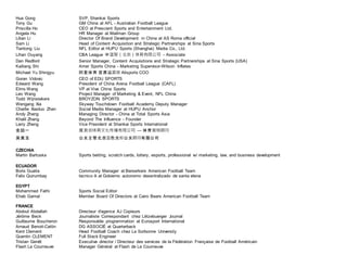 Hua Gong SVP, Shankai Sports
Tony Gu GM China at AFL - Australian Football League
Priscilla Ho CEO at Prescient Sports and Entertainment Ltd.
Angela Hu HR Manager at Mailman Group
Lilian Li Director Of Brand Development in China at AS Roma official
Sam Li Head of Content Acquisition and Strategic Partnerships at Sina Sports
Tiantong Liu NFL Editor at HUPU Sports (Shanghai) Media Co., Ltd.
Lihan Ouyang CBA League 中篮联（北京）体育有限公司 - Associate
Dan Redford Senior Manager, Content Acquisitions and Strategic Partnerships at Sina Sports (USA)
Kailiang Shi Amer Sports China - Marketing Supervisor-Wilson Inflates
Michael Yu Shingyu 阿里体育 首席运营官 Alisports COO
Goran Vidovic CEO of EDU SPORTS
Edward Wang President of China Arena Football League (CAFL)
Elms Wang VP at Viva China Sports
Leo Wang Project Manager of Marketing & Event, NFL China
Todd Wijnstekers BROYZON SPORTS
Wengang Xia Skyway Touchdown Football Academy Deputy Manager
Charlie Xiaoluo Zhan Social Media Manager at HUPU Anchor
Andy Zhang Managing Director - China at Total Sports Asia
Khalil Zhang Beyond The Influence - Founder
Larry Zheng Vice President at Shankai Sports International
金喆一 双刃剑体育文化传播有限公司 — 体育营销顾问
吴美玉 公关主管北京蓝色光标公关顾问有限公司
CZECHIA
Martin Bartuska Sports betting, scratch cards, lottery, esports, professional w/ marketing, law, and business development
ECUADOR
Boris Guaita Community Manager at Berserkers American Football Team
Felix Quirumbay tecnico A at Gobierno autonomo desentralizado de santa elena
EGYPT
Mohammed Fathi Sports Social Editor
Ehab Gamal Member Board Of Directors at Cairo Bears American Football Team
FRANCE
Abdoul Abdallah Directeur d'agence AJ Copieurs
Jérôme Beck Journaliste Correspondant chez Lëtzebuerger Journal
Guillaume Boucheron Responsable programmation at Eurosport International
Arnaud Benoit-Cattin DG ASSOCIÉ at Quarterback
Kent Clement Head Football Coach chez La Sorbonne University
Quentin CLEMENT Full Stack Engineer
Tristan Genêt Executive director / Directeur des services de la Fédération Française de Football Américain
Flash La Courneuve Manager Général at Flash de La Courneuve
 