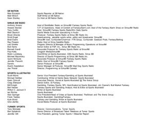 SB NATION
Max Escarpio Sports Reporter at SB Nation
Matt Minich Staff Writer at SB Nation
Sean Stanley Co Host at SB Nation Radio
SIRIUS XM RADIO
Anthony Aniano Host of RotoBaller Radio on SiriusXM Fantasy Sports Radio
Howard Bender V.P. of Operations, Head of Content at FantasyAlarm.com Host of the Fantasy Alarm Show on SiriusXM Radio
Tony Cutillo Host, SiriusXM Fantasy Sports Radio/Win Daily Sports
Matt Deutsch Sports Media Executive specializing in Audio
Bryan Drozda Producer, Fantasy Sports Radio at Sirius XM Radio Inc.
Scott Engel Award-winning, versatile sports writer, editor and broadcaster SiriusXM
Brad Evans SiriusXM host. Co-founder/Chairman FTN Group. Co-founder Sawdust Pods, Fantasy/Betting
Ray Flowers Radio Host at Sirius Satellite Radio
Lea Ginefra Program Director & Manager of Music Programming Operations at SiriusXM
Bob Harris Senior Editor at FSP, Inc., Sirius XM Radio Inc.
Bennett Karoll Associate Producer for Fantasy Sports Radio at SiriusXM
Paul Kelly Longport Media/SiriusXM
Robin Lundberg Host/Writer at Sports Illustrated, CBS Sports Radio, Sirius XM
Michael Mazvinsky Director of Sports Programming at Sirius XM Radio Inc.
Quinn McGuire Associate Producer at SiriusXM Fantasy Sports Radio
Jennifer Piacenti Radio Host at SiriusXM Fantasy Sports
Sandro Senior Producer at SiriusXM
Dustin Swedelson Senior Manager & Producer, SiriusXM Mad Dog Sports Radio
Joe Thistel Director, Programming at SiriusXM Canada
SPORTS ILLUSTRATED
Scott Atkins Senior Vice President Fantasy/Gambling at Sports Illustrated
Michael Detillier Contributing Writer at Saints News Network/ Sports Illustrated
Kevin Driscoll Executive Director, Social at Sports Illustrated @ The Arena Group
Craig Ellenport Senior Editor, SI Fantasy
Bill Enright Gambling, Fantasy Sports, NFL Host/Analyst at Sports Illustrated, Jim Cramer's Bull Market Fantasy
Ben Heisler Fantasy Sports and Gambling Analyst, Host & Editor at Sports Illustrated
Wilton C. Jackson II Writer at Sports Illustrated
Ian Ritchie Sports Illustrated
Alan Springer Vice President/Head of Video at Sports Illustrated, TheStreet and The Arena Group
Frank Taddeo Sports Illustrated, Gambling/Fantasy
Kyle Wood Fantasy and Gambling Writer at Sports Illustrated
Gino Zarrillo Social Media Producer at Sports Illustrated
TURNER SPORTS
Tony Morreale Director, Communications, Turner Sports
Ben Spitalnick Senior Director of Broadcast Talent Relations at Turner Sports
Jennifer Dill Vice President, gaming Turner Sports + Bleacher Report
 