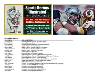 NFL TEAM & LEAGUE
CONTACTS JOB DESCRIPTION
Zachary Galia Arizona Cardinals Director of Digital Content
Darius Vinnett Arizona Cardinals Scout
Luis Zendejas Arizona Cardinal Director of Community Relations
Terry Fontenot Atlanta Falcons General Manager
Danny Leskin Atlanta Falcons Football Analytics Coordinator
Anthony Robinson Atlanta Falcons Director of College Scouting
Brandon Ruth Atlanta Falcons Director of Operations
Sashi Brown Baltimore Ravens President
Brian Duker Baltimore Ravens Defensive Assistant
John Eisenberg Baltimore Ravens Columnist at BaltimoreRavens.com
Jay O'Brien Baltimore Ravens Director of Broadcasting & Gameday Productions
Tom Valente Baltimore Ravens Director Public Relations
Anthony Weaver Baltimore Ravens Assistant Head Coach/Defensive Line Coach
Dennis Lock Buffalo Bills Director of Football Research & Strategy
Tyler Pratt Buffalo Bills West Coast Area Scout
John Schlieman Carolina Panthers Sports Marketing & Commercial Development Executive
Jim Szoke Carolina Panthers WBT Radio Charlotte
Jason Tarver Cleveland Browns Linebackers Coach
Carson Walch Cleveland Browns Player Development
Gordon Williams Cleveland Browns Assistant Athletic Trainer
Dan Zegers Cleveland Browns Midwest Area Scout
 