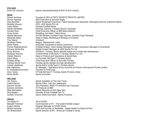 ICELAND
Einar Örn Jónsson Sports commentator/host at RÚV at RUV Iceland
INDIA
Dinesh Acharya Founder & CEO at FISTO SPORTS PRIVATE LIMITED
Simran Agarwal SEO Executive at shoutout Digita
Gary Burchett Sports Broadcast Executive | Talent Development Specialist | Managing Director at BrandU Media
Mustafa Ghouse CEO, JSW Sports Pvt Ltd
Carla Gilbert Fantasy Football Writer
Hardik Gondaliya Gaming | Esports | Fantasy Sports | Fanspole
Avinash Kaul Chief Executive Officer at IBN News Network
Vinay Kumar Wrestling Journalist | Talent Scout
Alberto Menezes AYUSH Ministry Certified Yoga Teacher, Certified Yoga Therapist
Abhishek Naidu Head of Sales, Marketing & Strategy at Vinfotech
Tina Oberoi Vinfotech
Shubham Patne Nagpur, Maharashtra, India
Disha Pawar Associate Copywriter at Sportz Interactive
Pranav Radhakrishnan Football Analyst, Team Quality Manager & Talent Acquisition Manager at Smartodds
Srinantu Sinha Roy Digital Content Manager at JSW Sports Pvt Ltd
Divya Sharma Vinfotech - Fantasy Sports website design and mobile app development
Muskaan Sharma Content Writer at MyTeam11 Fantasy Sports Pvt. Ltd.
Vedant Sharma Head of Product and Operations at SportsTiger
Sanjit Sihag Co-Founder, MyTeam11 Fantasy Sports
Kuldeep Singh Chief Executive Officer at Accurate Fantasy
Fantasy Sports Tech Fantasy sports website and app development
Lokesh Upadhyay Sports Admin at MyTeam11 Fantasy Sports
Raj Vaghasiya Sr. Manager - Operations & Key Accounts at Procam International Private Limited
R. Venkatasubramanian Founder at FanDuniya
Arjun Yadav CTO @ MyTeam11 Fantasy Sports Private Limited
Nived Zenith Sports Journalist
IRELAND
Jim Clancy Sports Subeditor at The Irish Times
Cathal Dervan Sports Editor, Irish Sun newspaper
Eamonn Donlyn Vice President, IRISH TV America San Francisco
Eamonn Donohoe TV Producer at BBC
Mark McCadden Sports Reporter at Irish Daily Star
Paul Nealon Founder at Irish Football Fan TV
Andrew O'Connor Senior Editor/Journalist - Sports Producer
ISRAEL
Yof Hadar El VP at STARI
Betzalel Friedman Commissioner at IFL - The Israel Football League
Evgeni Glinets Program Manager at STARI World
Moshe Lebowitz CEO and Founder at Healables - Digital Health for Sports & Pain
Ori Shterenbach Sports Director at AFI - American Football in Israel
 