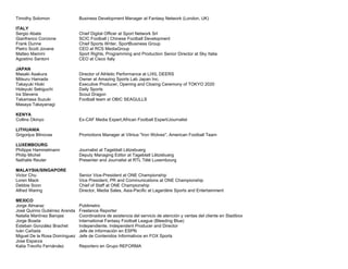 Timothy Solomon Business Development Manager at Fantasy Network (London, UK)
ITALY
Sergio Abate Chief Digital Officer at Sport Network Srl
Gianfranco Corcione SCIC Football | Chinese Football Development
Frank Dunne Chief Sports Writer, SportBusiness Group
Pietro Scott Jovane CEO at RCS MediaGroup
Matteo Mammì Sport Rights, Programming and Production Senior Director at Sky Italia
Agostino Santoni CEO at Cisco Italy
JAPAN
Masaki Asakura Director of Athletic Performance at LIXIL DEERS
Mitsuru Hamada Owner at Amazing Sports Lab Japan Inc.
Takayuki Hioki Executive Producer, Opening and Closing Ceremony of TOKYO 2020
Hideyuki Sekiguchi Daily Sports
Ira Stevens Scout Dragon
Takamasa Suzuki Football team at OBIC SEAGULLS
Masaya Takayanagi
KENYA
Collins Okinyo Ex-CAF Media Expert,African Football Expert/Journalist
LITHUANIA
Grigorijus Blinovas Promotions Manager at Vilnius "Iron Wolves", American Football Team
LUXEMBOURG
Philippe Hammelmann Journalist at Tageblatt Lëtzebuerg
Philip Michel Deputy Managing Editor at Tageblatt Lëtzebuerg
Nathalie Reuter Presenter and Journalist at RTL Télé Luxembourg
MALAYSIA/SINGAPORE
Victor Chu Senior Vice-President at ONE Championship
Loren Mack Vice President, PR and Communications at ONE Championship
Debbie Soon Chief of Staff at ONE Championship
Alfred Waring Director, Media Sales, Asia-Pacific at Lagardère Sports and Entertainment
MEXICO
Jorge Almaraz Publimetro
José Quirino Gutiérrez Aranda Freelance Reporter
Natalia Martínez Barojas Coordinadora de asistencia del servicio de atención y ventas del cliente en Stadibox
Jorge Boada International Fantasy Football League (Bleeding Blue)
Esteban González Brachet Independiente. Independent Producer and Director
Iván Cañada Jefe de información en ESPN
Miguel De la Rosa Domínguez Jefe de Contenidos Informativos en FOX Sports
Jose Esparza
Katia Treviño Fernández Reportero en Grupo REFORMA
 