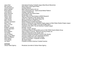 Jason Ruth International Fantasy Football League (Bowl Bound Mavericks)
Nick Seymour News Editor at Sky Sports News
Timothy Solomon Fantasy Network
Martyn Speight Black Diamond Sports (Int) Ltd
Bryan Steers CEO at Sportizzle.com - Sports Social Media Platform
Luke Stevens Chelsea Football Club
Bryan Swanson Chief Reporter Sky Sports News
David Tanner Broadcaster at Sky
Alistair Taylor Sports Video and Data Analyst at MIDiA Research
Jasper Taylor Television Presenter at Sky Sports News
Lyall Thomas Sports Journalist at Sky Sports News HQ
Mark Thomas Managing Director at S2M Group
Christian Thompson British American Football Association
Mark Turner Director of Wheelchair and Disability Rugby League at West Wales Raiders Rugby League
Victoria Turner Broadcast Journalist at BBC 5 live sport & BBC Sport
Mick Tyler Chairman of the UKFL The UK American Football League
BritBallin Vodcast Britballin Vodcast
Andrew Wainstein Founder | Coach | Advisor
Brad Ward Contributing Writer for BrownsWire.com at USA TODAY Sports Media Group
David Watkins Head of Sports Products - Betting & Gaming at News UK
Tom White Television Presenter at Sky Sports news
Hannah Wilkes Presenter & Reporter/Assistant Producer (Sky Sports)
Adam (Gray) Wilkin American football coach with Gateshead Senators
Rebecca Williams Presenter & Reporter at Sky Sports News
Oliver Wilson Sports Commentator + Presenter at DAZN
Chris Woods Sky Sports News
Jon Wyse President at British American Football Coaches
VATICAN
Vatican News Agency Broadcast Journalist at Vatican News Agency
 