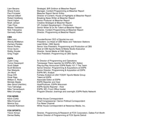 Liam Bevans Strategist, B/R Gridiron at Bleacher Report
Shane Evans Manager, Content Programming at Bleacher Report
Paul Forrester Bleacher Report Senior Editor
Samuel Gilbert Director of Content, House of Highlights at Bleacher Report
Robert Goldberg Breaking News Writer at Bleacher Report
David Ingber Senior Producer at Bleacher Report
Noah Jampol Creative Strategist at Bleacher Report
Tyler Price VP, Content Development + Production
Master Tesfatsion Senior Writer & On Air Talent at Bleacher Report
Nick Yokoyama Director, Content Programming at Bleacher Report
Gennady Kolker Director, Programming at Bleacher Report
CBS
Mike Levy Founder/former CEO of SportsLine.com
Wendy McMahon President, Co-Head of CBS News and Television Stations
Zachary Pereles Lead Writer, CBS Sports
Kieren Portley Senior Vice President, Programming and Production at CBS
Vince Quinn Host at CBS Sports Radio & Media Studio Executive
Robby Snyder Director, Social Media at CBS Sports
Greg Trager Vice President, Programming at CBS Sports
ESPN
Justin Craig Sr Director of Programming and Operations
Turron Davenport Tennessee Titans reporter for ESPN's NFL Nation
Scott Galetti Play-by-Play Announcer ESPN Radio 101.7 The Team
Scott McGlone Senior Director, Programming & Acquisitions at ESPN
Dan Margulis Senior Director, Programming & Acquisition at ESPN
Jim Mora ESPN NFL Analyst
Doug Orth Fantasy Analyst at USA TODAY Sports Media Group
Omar Raja Talent at ESPN
William E. Ricks Associate Editor at ESPN
Michele Steele ESPN Reporter and Host
Alex Strouf (He/Him) Host/Producer, ESPN Wisconsin
Tera Talmadge ESPN Sports Reporter - Host
Mike Tannenbaum ESPN, NFL Front Office Insider
Mike Urrunaga Program Director, evenings and overnight, ESPN Radio Network
FOX NEWS
Kevin Corke White House Correspondent
Mike Emanuel Chief Congressional / Senior Political Correspondent
Monica Guy Fox News Channel
Emerald Robinson White House Correspondent at Newsmax Media, Inc.
FOX SPORTS
Trevor Arroyo Director, Programming & Research at FOX Corporation, Dallas-Fort Worth
Denise Bailey Senior Director of Programming at FOX Sports Detroit
 