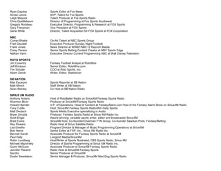 Ryan Gaydos Sports Editor at Fox News
Aimee Leone SVP, Talent for Fox Sports
Leigh Mayock Talent Producer at Fox Sports Radio
Chris Quattlebaum Director of Programming at Fox Sports Southwest
Gregory Rondeau Executive Director, Programming & Research at FOX Sports
Gary Trenaman Vice President at FOX Sports
Gene White Director, Talent Acquisition for FOX Sports at FOX Corporation
NBC
Curran Bhatia On-Air Talent at NBC Sports Group
Fred Gaudelli Executive Producer Sunday Night Football
Frank Jones News Director at WWBT/NBC12 Raycom Media
Corey Parson Senior Sports Betting Content Creator at NBC Sports Edge
Nathan Varni Executive Director Current Programming ABC at Walt Disney Television
ROTO SPORTS
Jim Coventry Fantasy Football Analyst at RotoWire
Jeff Erickson Senior Editor, RotoWire.com
Tim Schuler COO at Roto Sports, Inc.
Adam Zdroik Writer, Editor, Statistician
SB NATION
Max Escarpio Sports Reporter at SB Nation
Matt Minich Staff Writer at SB Nation
Sean Stanley Co Host at SB Nation Radio
SIRIUS XM RADIO
Anthony Aniano Host of RotoBaller Radio on SiriusXM Fantasy Sports Radio
Shannon Blunt Producer at SiriusXM Fantasy Sports Radio
Howard Bender V.P. of Operations, Head of Content at FantasyAlarm.com Host of the Fantasy Alarm Show on SiriusXM Radio
Tony Cutillo Host, SiriusXM Fantasy Sports Radio/Win Daily Sports
Matt Deutsch Sports Media Executive specializing in Audio
Bryan Drozda Producer, Fantasy Sports Radio at Sirius XM Radio Inc.
Scott Engel Award-winning, versatile sports writer, editor and broadcaster SiriusXM
Brad Evans SiriusXM host. Co-founder/Chairman FTN Group. Co-founder Sawdust Pods, Fantasy/Betting
Ray Flowers Radio Host at Sirius Satellite Radio
Lea Ginefra Program Director & Manager of Music Programming Operations at SiriusXM
Bob Harris Senior Editor at FSP, Inc., Sirius XM Radio Inc.
Bennett Karoll Associate Producer for Fantasy Sports Radio at SiriusXM
Paul Kelly Longport Media/SiriusXM
Robin Lundberg Host/Writer at Sports Illustrated, CBS Sports Radio, Sirius XM
Michael Mazvinsky Director of Sports Programming at Sirius XM Radio Inc.
Quinn McGuire Associate Producer at SiriusXM Fantasy Sports Radio
Jennifer Piacenti Radio Host at SiriusXM Fantasy Sports
Sandro Senior Producer at SiriusXM
Dustin Swedelson Senior Manager & Producer, SiriusXM Mad Dog Sports Radio
 