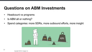 Copyright ©2016, Engagio Inc. CONFIDENTIAL – DO NOT DISTRIBUTE
23
Questions on ABM Investments
• Headcount vs programs
• Is ABM all or nothing?
• Spend categories: more SDRs, more outbound efforts, more insight
 