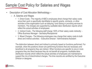 52© Aronson LLC | aronsonllc.com
Sample Cost Policy for Salaries and Wages
• Description of Cost Allocation Methodology –
...