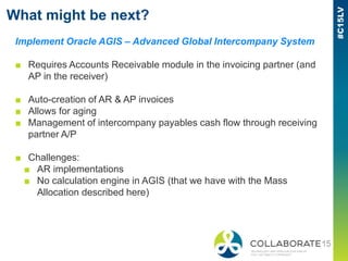 What might be next?
Implement Oracle AGIS – Advanced Global Intercompany System
■ Requires Accounts Receivable module in the invoicing partner (and
AP in the receiver)
■ Auto-creation of AR & AP invoices
■ Allows for aging
■ Management of intercompany payables cash flow through receiving
partner A/P
■ Challenges:
■ AR implementations
■ No calculation engine in AGIS (that we have with the Mass
Allocation described here)
 