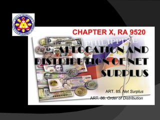 CHAPTER X, RA 9520




            ART. 85. Net Surplus
    ART. 86. Order of Distribution
 