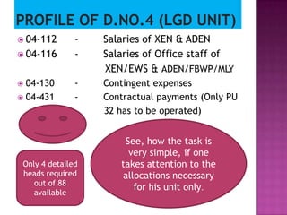  04-112       -   Salaries of XEN & ADEN
 04-116       -   Salaries of Office staff of
                   XEN/EWS & ADEN/FBWP/MLY
 04-130       -   Contingent expenses
 04-431       -   Contractual payments (Only PU
                   32 has to be operated)


                       See, how the task is
                        very simple, if one
 Only 4 detailed      takes attention to the
 heads required       allocations necessary
    out of 88
                         for his unit only.
    available
 