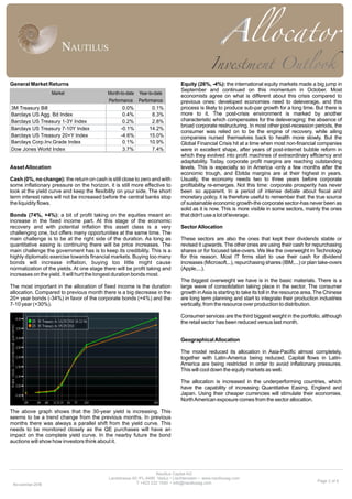 Page 2 of 4
General Market Returns
AssetAllocation
Cash (0%, no change): the return on cash is still close to zero and with
some inflationary pressure on the horizon, it is still more effective to
look at the yield curve and keep the flexibility on your side. The short
term interest rates will not be increased before the central banks stop
the liquidity flows.
Bonds (74%, +4%): a bit of profit taking on the equities meant an
increase in the fixed income part. At this stage of the economic
recovery and with potential inflation this asset class is a very
challenging one, but offers many opportunities at the same time. The
main challenge is to be at the right side of the duration. As long as
quantitative easing is continuing there will be price increases. The
main challenge the government has is to keep its credibility. This is a
highly diplomatic exercise towards financial markets. Buying too many
bonds will increase inflation, buying too little might cause
normalization of the yields. At one stage there will be profit taking and
increases on the yield. It will hurt the longest duration bonds most.
The most important in the allocation of fixed income is the duration
allocation. Compared to previous month there is a big decrease in the
20+ year bonds (-34%) in favor of the corporate bonds (+4%) and the
7-10 year (+30%).
The above graph shows that the 30-year yield is increasing. This
seems to be a trend change from the previous months. In previous
months there was always a parallel shift from the yield curve. This
needs to be monitored closely as the QE purchases will have an
impact on the complete yield curve. In the nearby future the bond
auctions will show how investors think about it.
Equity (26%, -4%): the international equity markets made a big jump in
September and continued on this momentum in October. Most
economists agree on what is different about this crisis compared to
previous ones: developed economies need to deleverage, and this
process is likely to produce sub-par growth for a long time. But there is
more to it. The post-crisis environment is marked by another
characteristic which compensates for the deleveraging: the absence of
broad corporate restructuring. In most other post-recession periods, the
consumer was relied on to be the engine of recovery, while ailing
companies nursed themselves back to health more slowly. But the
Global Financial Crisis hit at a time when most non-financial companies
were in excellent shape, after years of post-internet bubble reform in
which they evolved into profit machines of extraordinary efficiency and
adaptability. Today, corporate profit margins are reaching outstanding
levels. This is especially so in America -only a few months after the
economic trough, and Ebitda margins are at their highest in years.
Usually, the economy needs two to three years before corporate
profitability re-emerges. Not this time: corporate prosperity has never
been so apparent. In a period of intense debate about fiscal and
monetary policy, it is therefore useful to remember that: the true source
of sustainable economic growth-the corporate sector-has never been as
solid as it is now. This is more visible in some sectors, mainly the ones
that didn't use a lot of leverage.
SectorAllocation
These sectors are also the ones that kept their dividends stable or
revised it upwards. The other ones are using their cash for repurchasing
shares or for focused take-overs. We like the overweight in Technology
for this reason. Most IT firms start to use their cash for dividend
increases (Microsoft,..), repurchasing shares (IBM,...) or plan take-overs
(Apple,...).
The biggest overweight we have is in the basic materials. There is a
large wave of consolidation taking place in the sector. The consumer
growth inAsia is starting to take its toll in the resource area. The Chinese
are long term planning and start to integrate their production industries
vertically, from the resource over production to distribution.
Consumer services are the third biggest weight in the portfolio, although
the retail sector has been reduced versus last month.
GeographicalAllocation
The model reduced its allocation in Asia-Pacific almost completely,
together with Latin-America being reduced. Capital flows in Latin-
America are being restricted in order to avoid inflationary pressures.
This will cool down the equity markets as well.
The allocation is increased in the underperforming countries, which
have the capability of increasing Quantitative Easing, England and
Japan. Using their cheaper currencies will stimulate their economies.
NorthAmerican exposure comes from the sector allocation.
Nautilus Capital AG
Landstrasse 60 •FL-9490 Vaduz • Liechtenstein • www.nautilusag.com
T +423 232 1540 • info@nautilusag.comNovember-2010
Market Month-to-date Year-to-date
Performance Performance
3M Treasury Bill 0.0% 0.1%
Barclays US Agg. Bd Index 0.4% 8.3%
Barclays US Treasury 1-3Y Index 0.2% 2.8%
Barclays US Treasury 7-10Y Index -0.1% 14.2%
Barclays US Treasury 20+Y Index -4.6% 15.0%
Barclays Corp.Inv.Grade Index 0.1% 10.9%
Dow Jones World Index 3.7% 7.4%
 