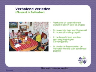 Verhalend verleden (Pluspunt in Rotterdam) Verhalen uit verschillende culturen boven tafel te krijgen In de eerste fase wordt gewerkt in monoculturele groepen in de tweede fase worden gemengde groepen samengesteld In de derde fase worden de verhalen verteld aan een breed publiek   Samen komen we verder! 