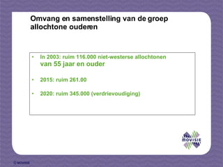 Omvang en samenstelling van de groep allochtone ouderen In 2003: ruim 116.000 niet-westerse allochtonen  van 55 jaar en ouder   2015: ruim 261.00 2020: ruim 345.000 (verdrievoudiging) 