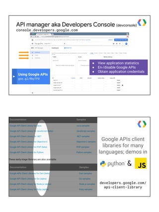 ● View application statistics
● En-/disable Google APIs
● Obtain application credentials
Using Google APIs
goo.gl/RbyTFD
A...